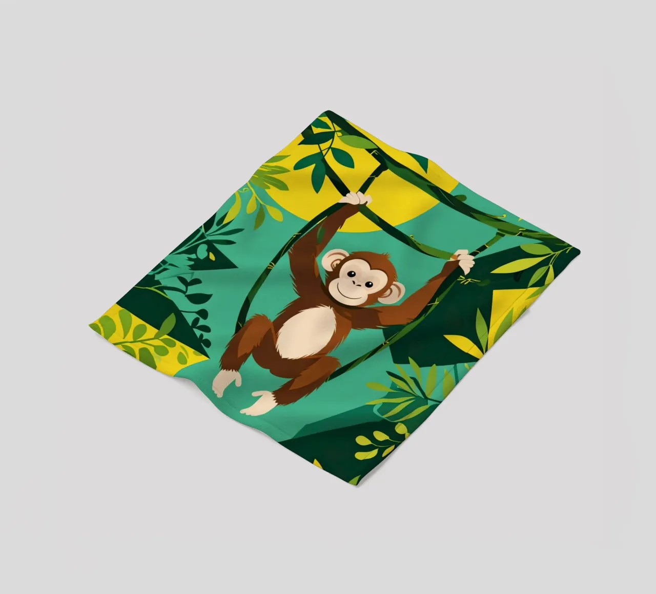 Scimmia felice appesa a una vite con fogliame coperta in pile da DesignDoodle