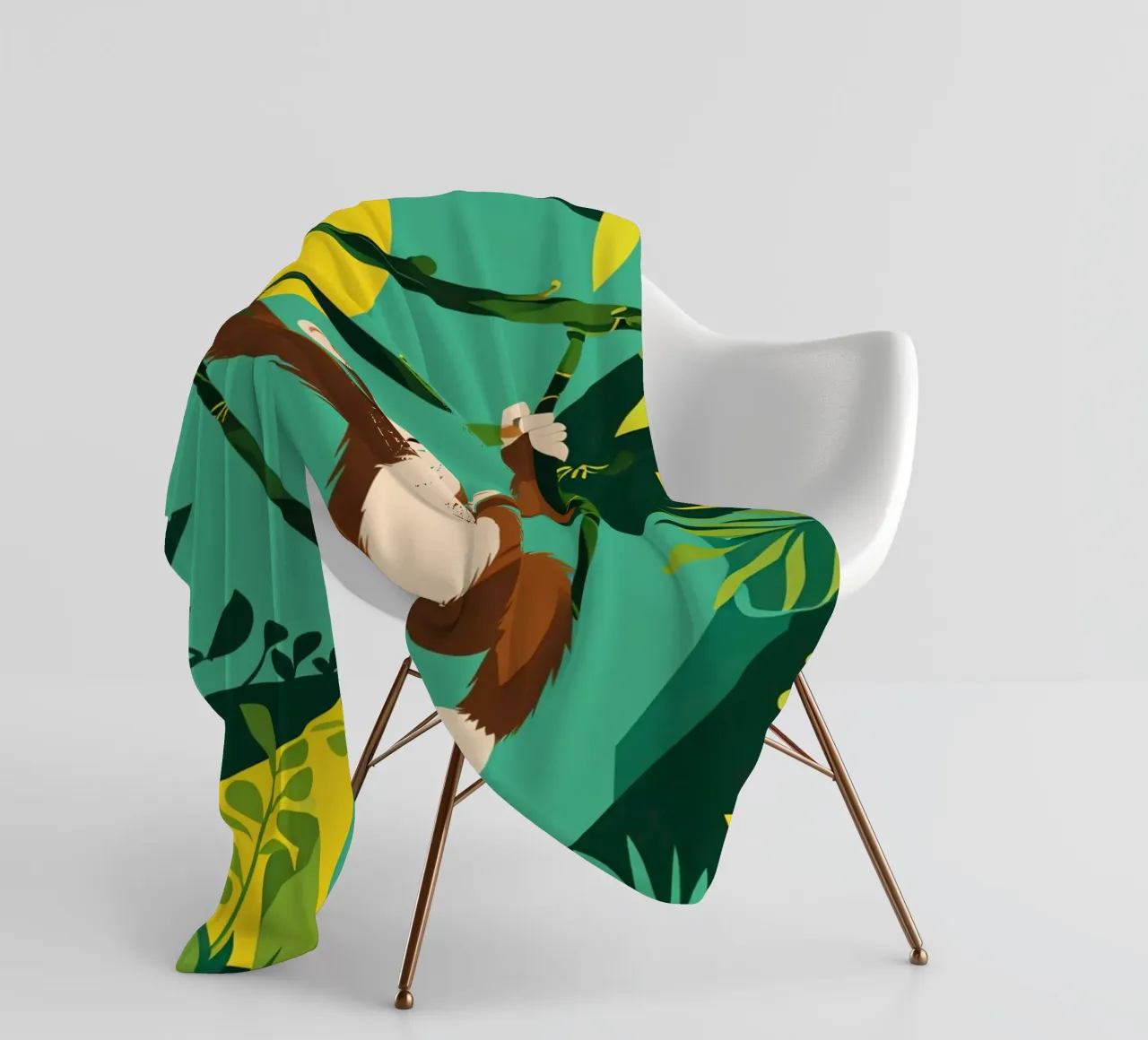 Scimmia felice appesa a una vite con fogliame coperta in pile da DesignDoodle