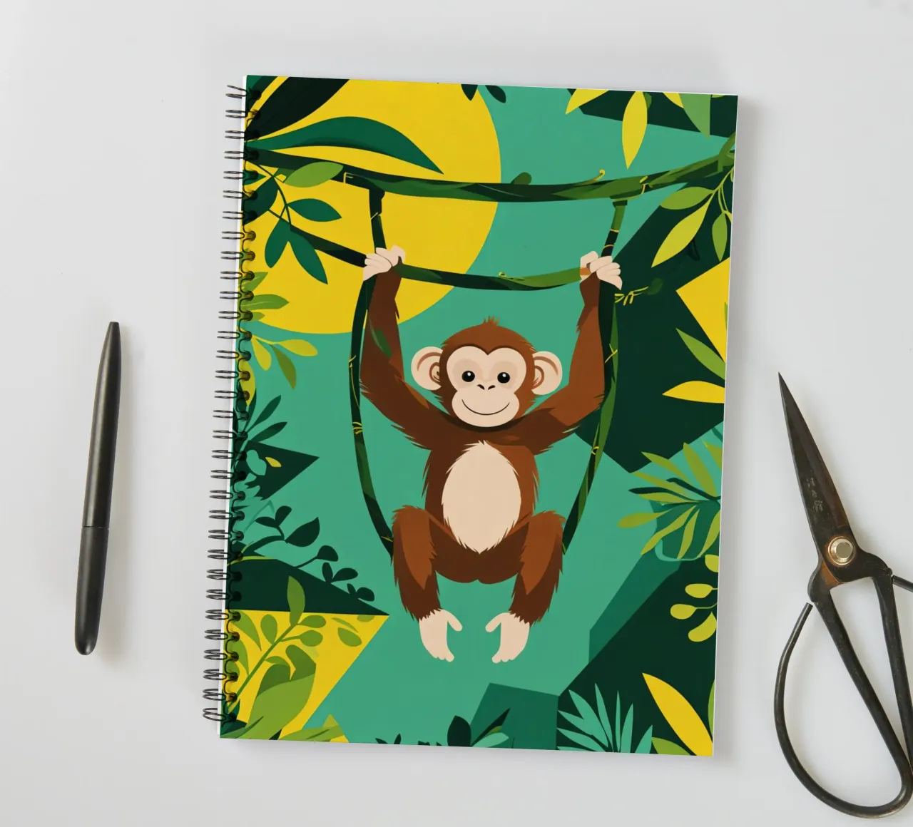 Scimmia felice appesa a una vite con fogliame diario ad anelli da DesignDoodle