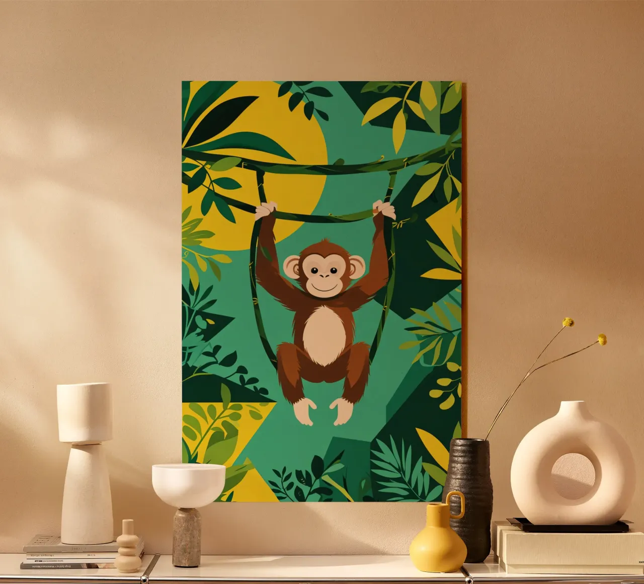 Scimmia felice appesa a una vite con fogliame plexiglass da DesignDoodle