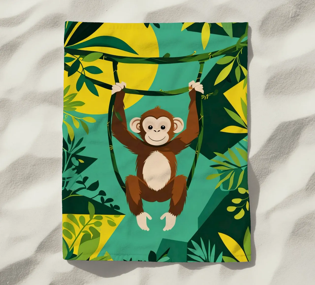 Scimmia felice appesa a una vite con fogliame telo mare da DesignDoodle