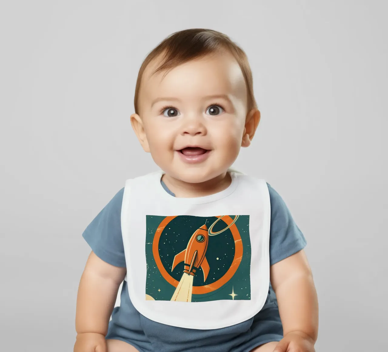 Retro Rocket Launch Through Celestial Ring bavaglino da DesignDoodle