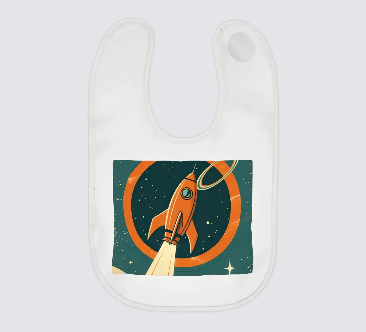 Retro Rocket Launch Through Celestial Ring bavaglino da DesignDoodle