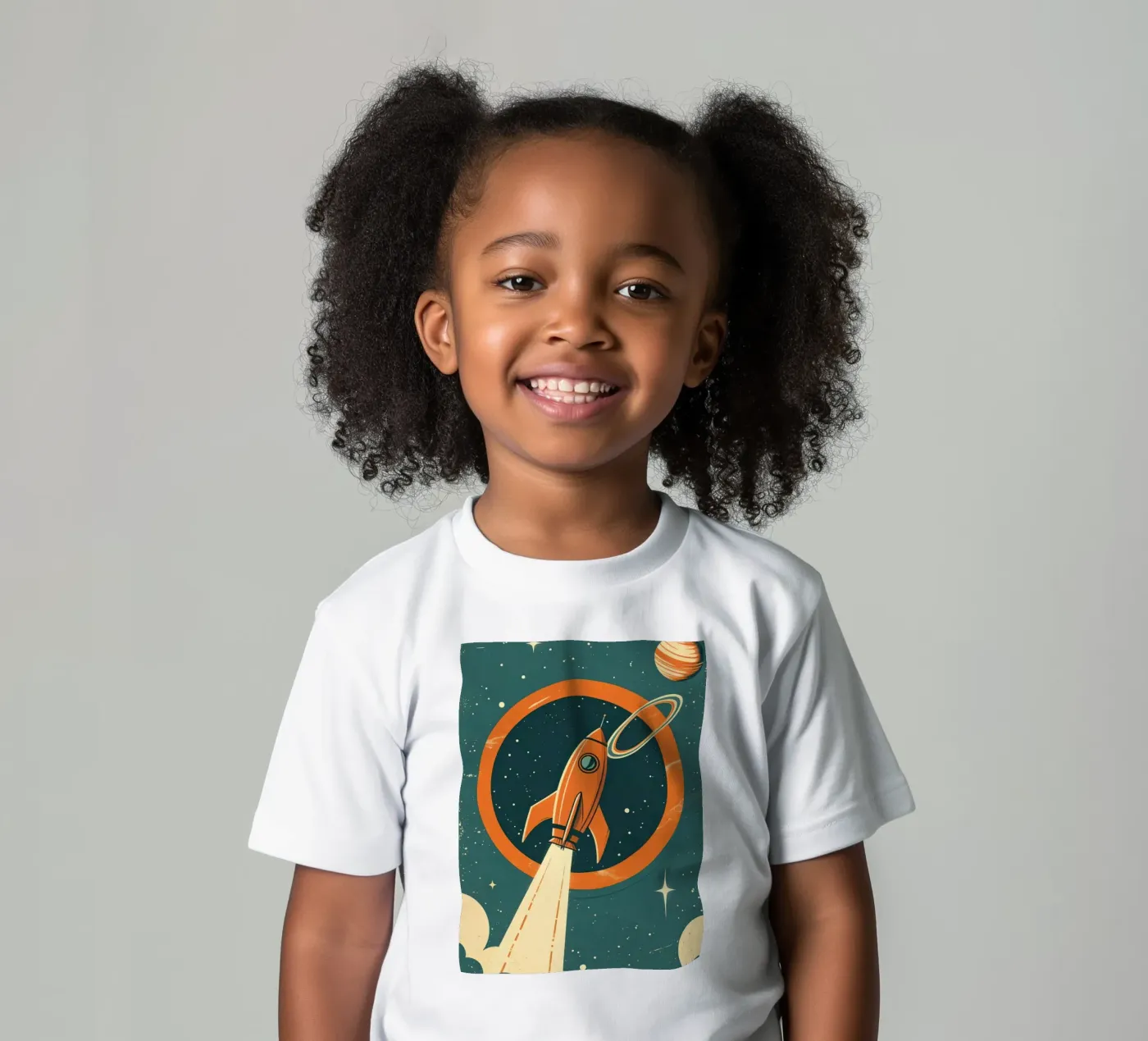 Retro-Raketenstart durch den himmlischen Ring Kinder T-Shirt von DesignDoodle