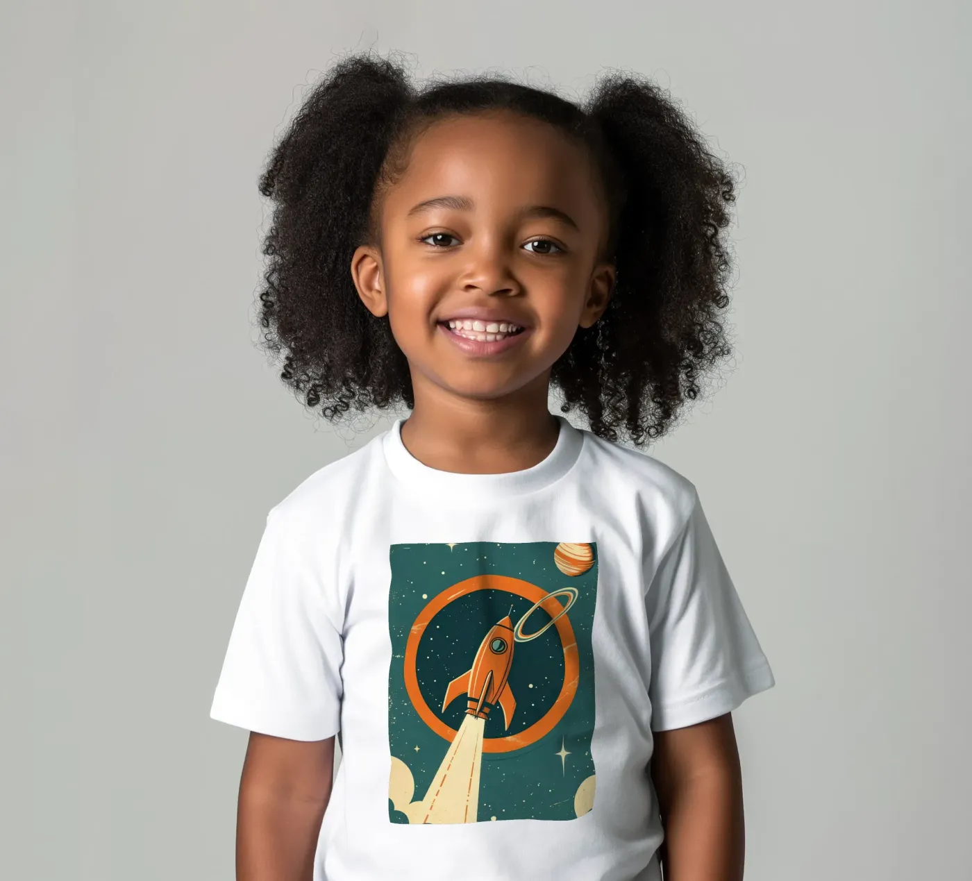 Retro-Raketenstart durch den himmlischen Ring Kinder T-Shirt von DesignDoodle