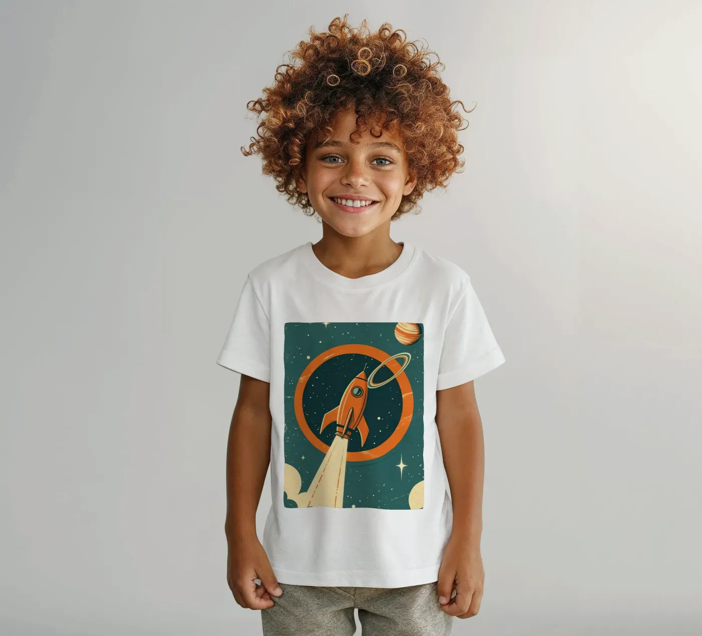 Retro-Raketenstart durch den himmlischen Ring Kinder T-Shirt von DesignDoodle