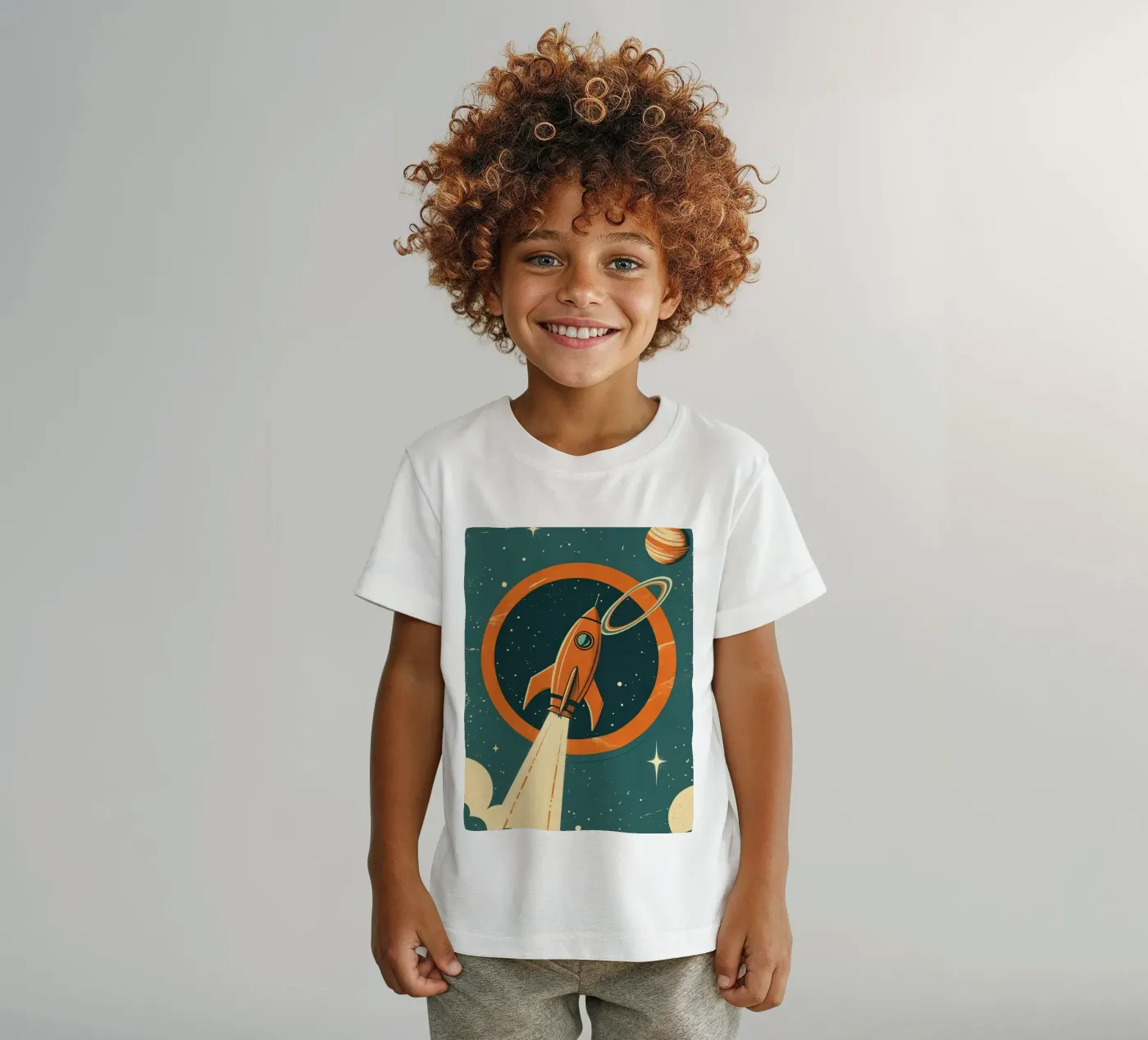 Retro-Raketenstart durch den himmlischen Ring Kinder T-Shirt von DesignDoodle
