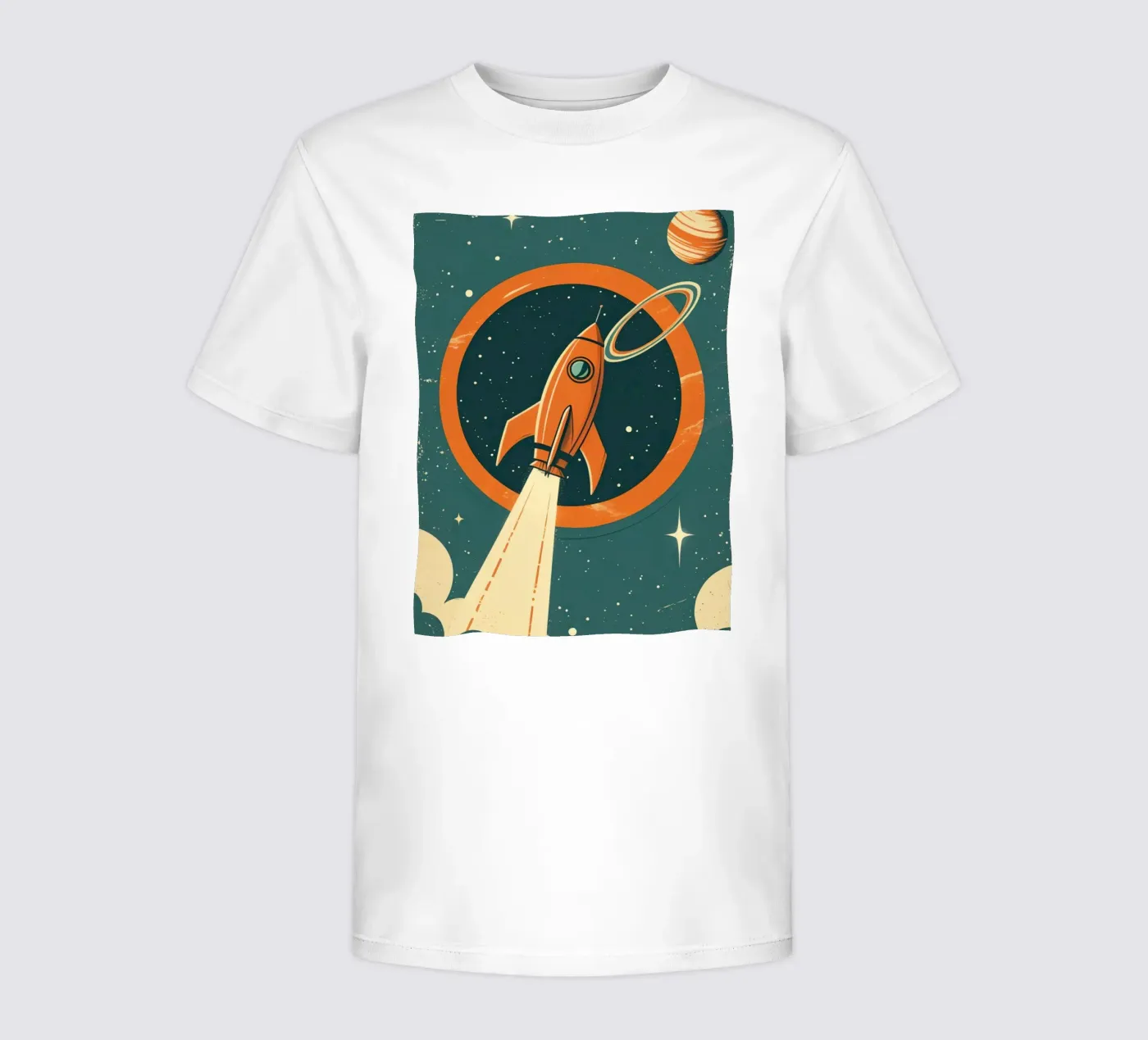 Retro-Raketenstart durch den himmlischen Ring Kinder T-Shirt von DesignDoodle