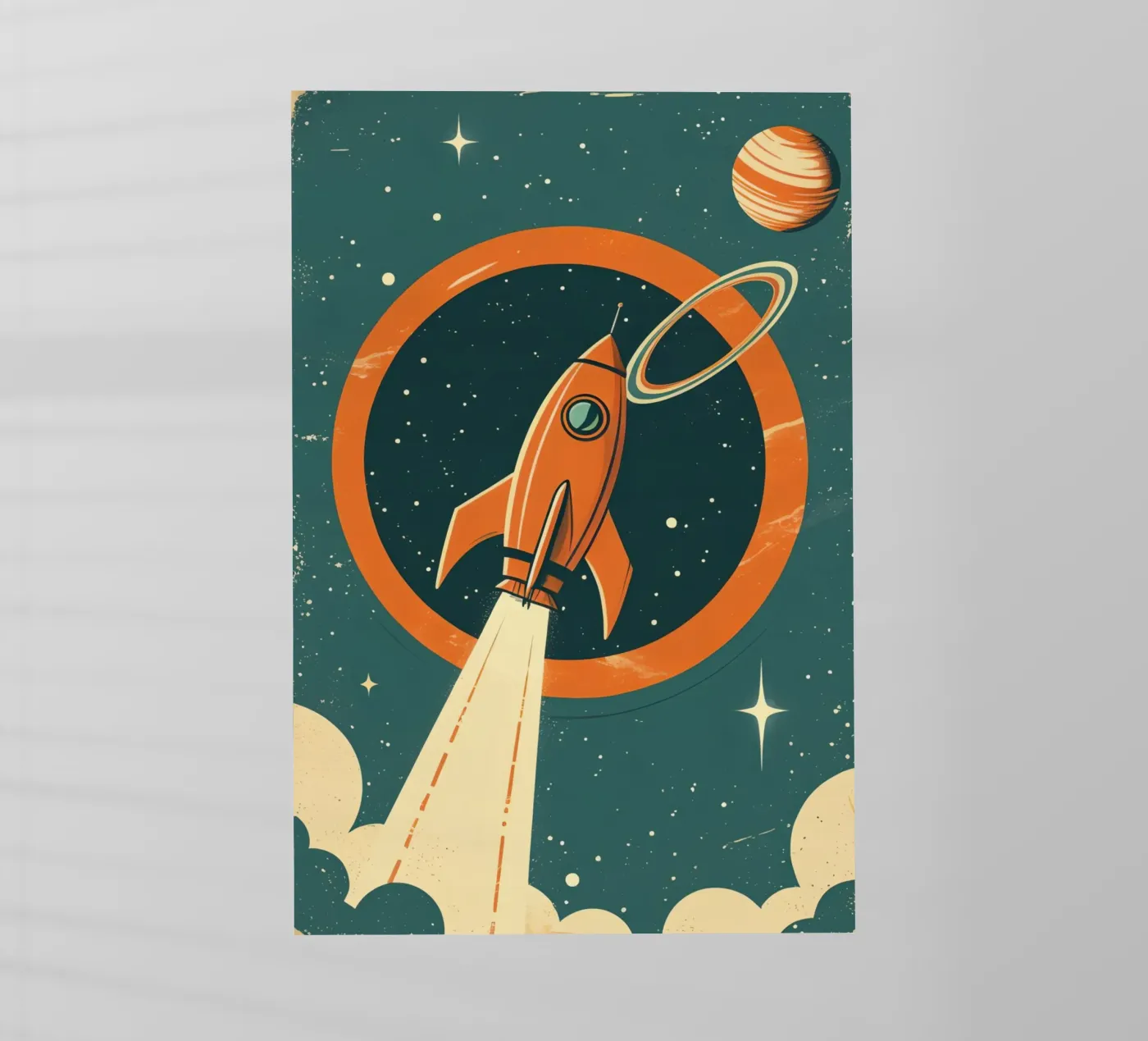 Retro Rocket Launch Through Celestial Ring pellicola backlit da DesignDoodle