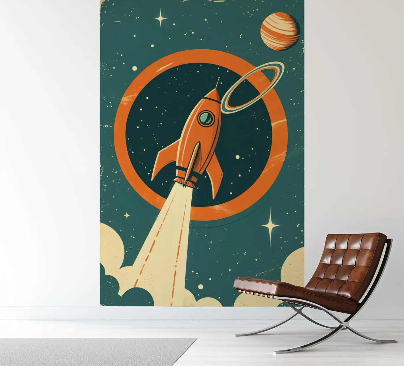 Retro Rocket Launch Through Celestial Ring fotobehang van DesignDoodle