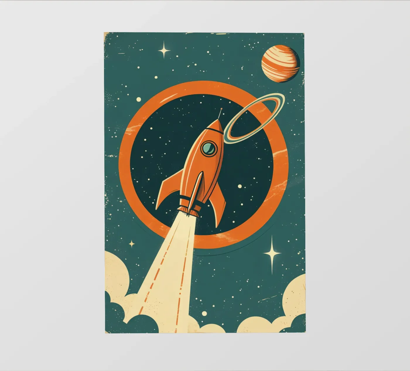 Retro Rocket Launch Through Celestial Ring fotobehang van DesignDoodle