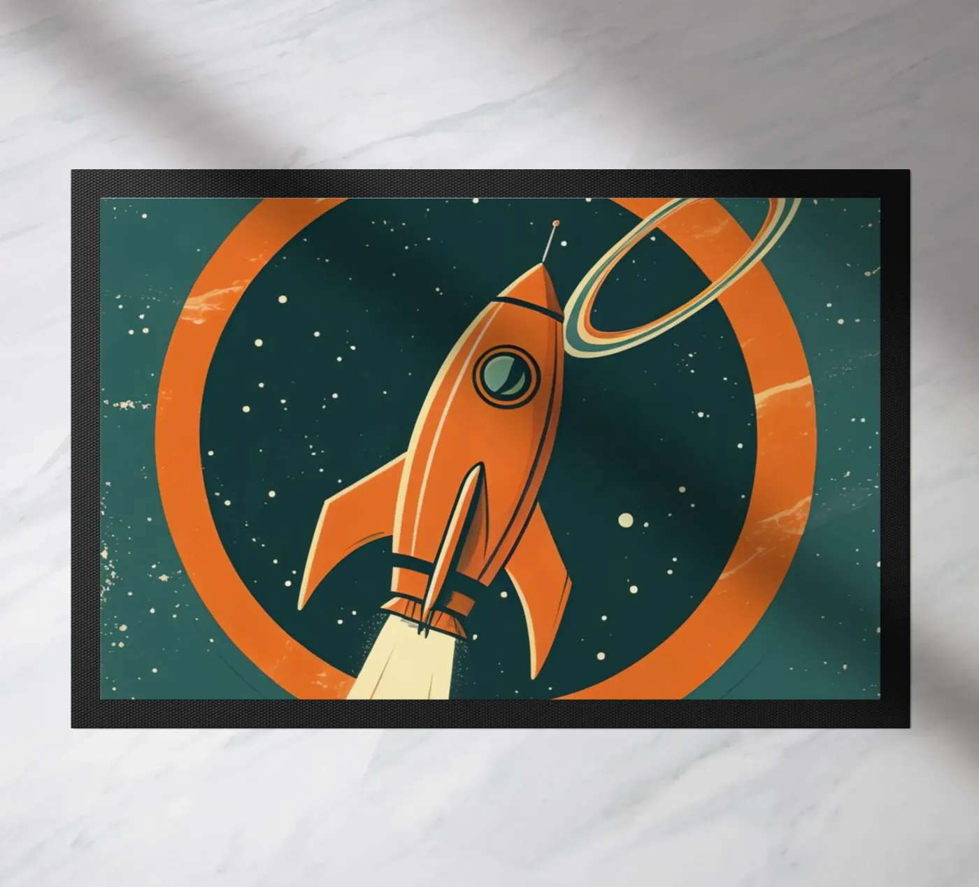 Retro Rocket Launch Through Celestial Ring doormat by DesignDoodle