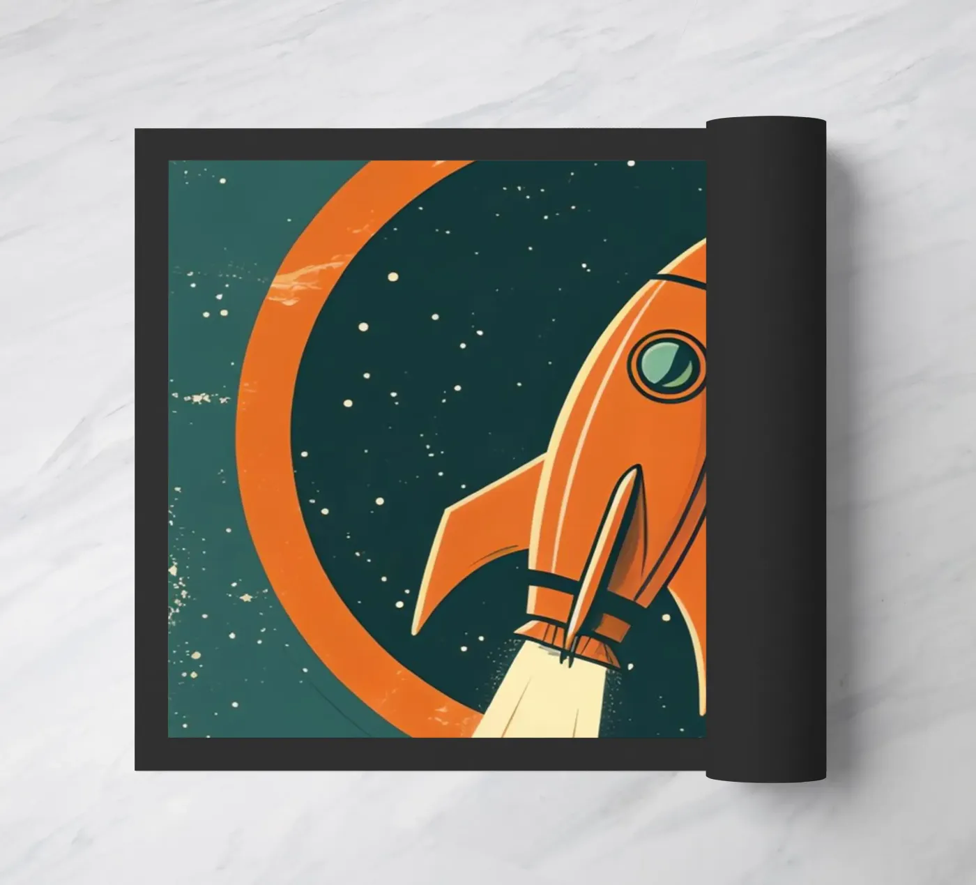 Retro Rocket Launch Through Celestial Ring doormat by DesignDoodle