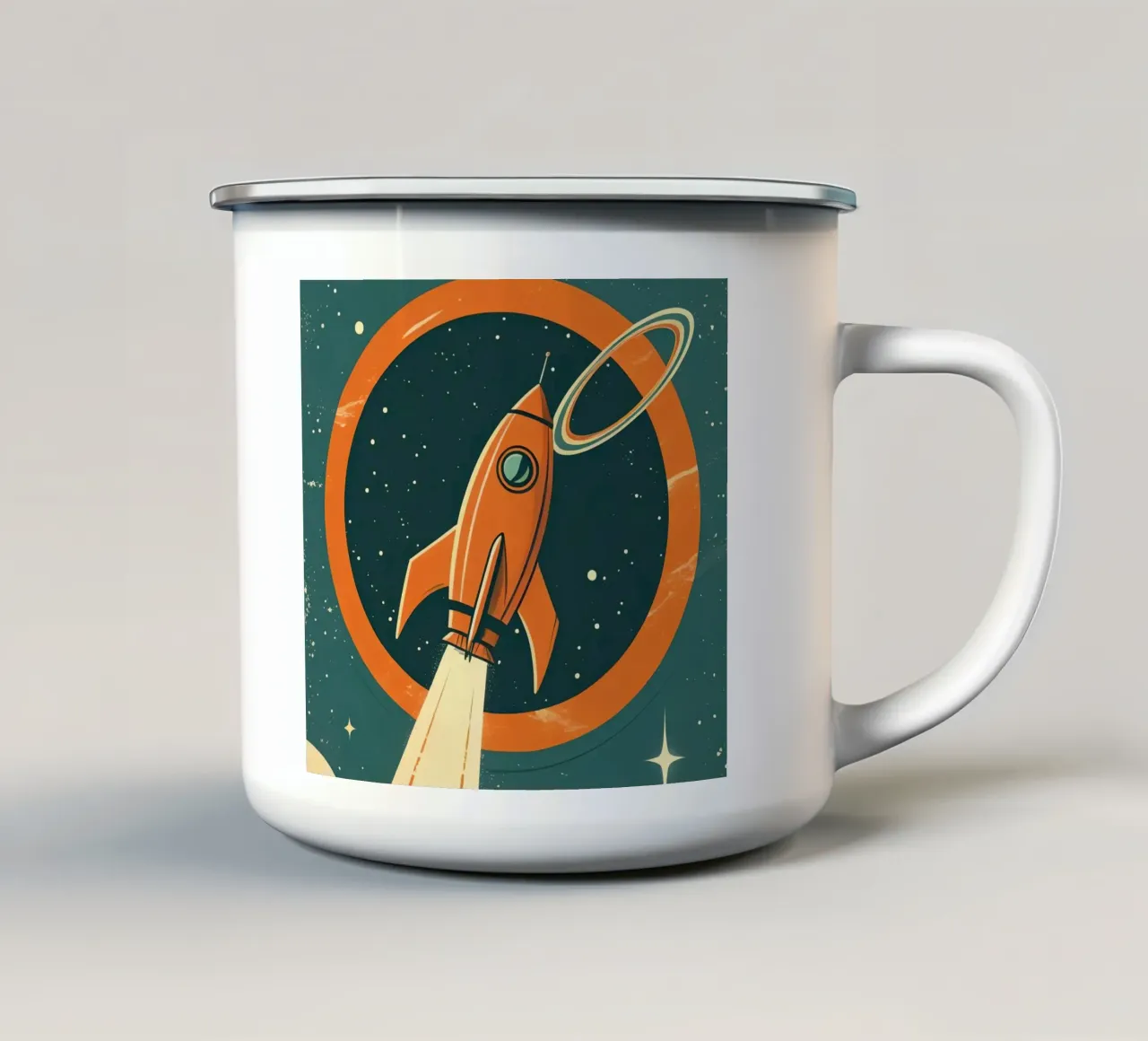 Lancio di un razzo retrò attraverso l'anello celeste tazza in smalto da DesignDoodle