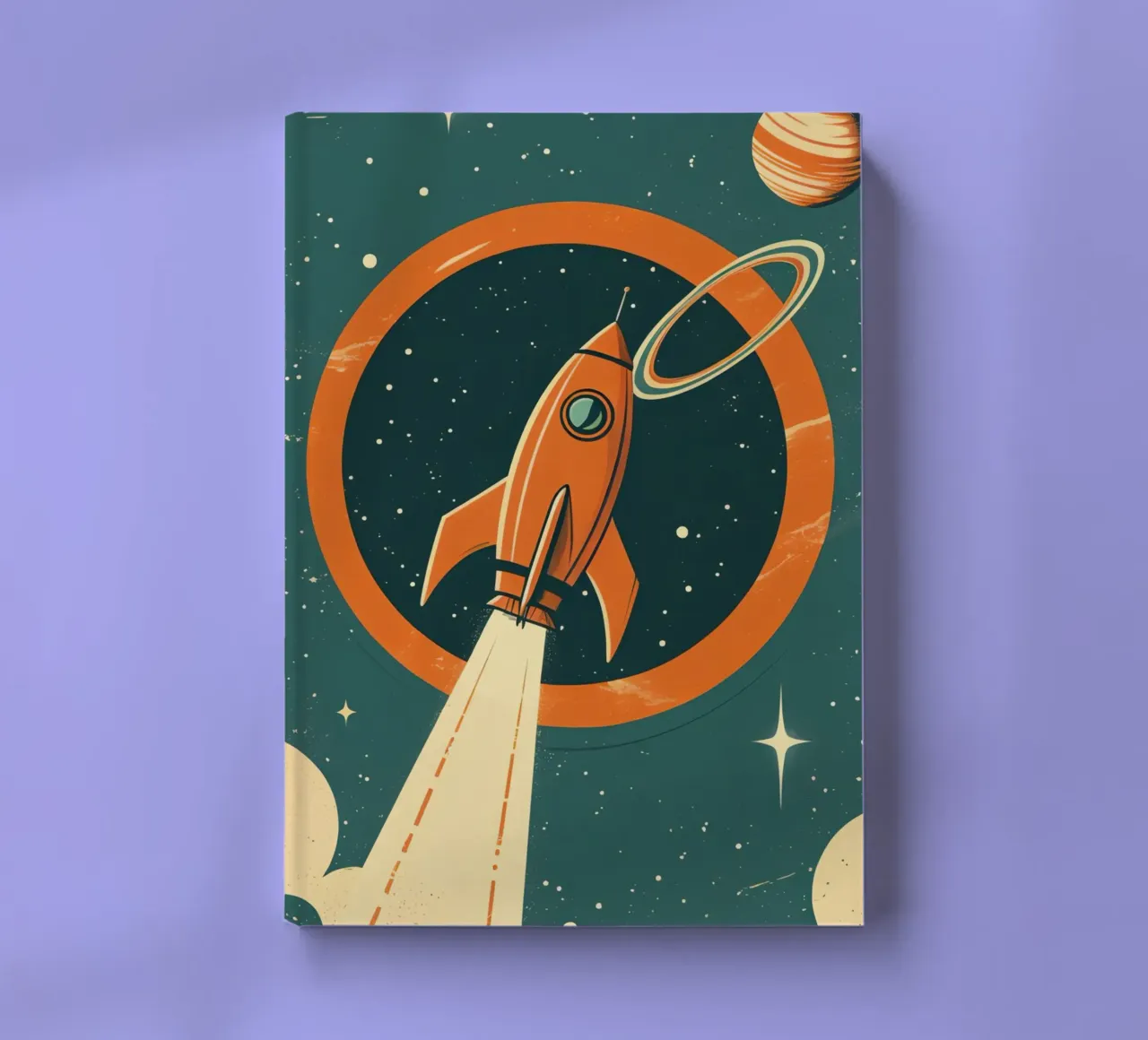 Retro Rocket Launch Through Celestial Ring notebook by DesignDoodle