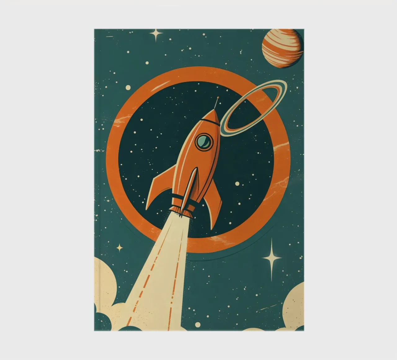 Retro Rocket Launch Through Celestial Ring notebook by DesignDoodle