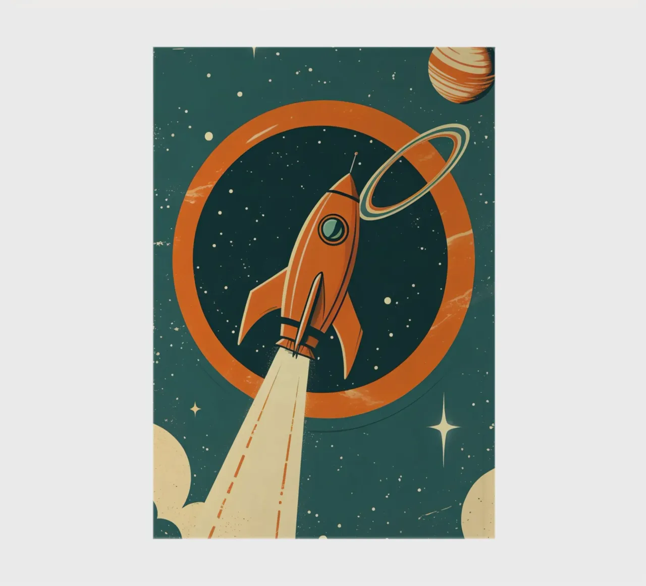 Retro Rocket Launch Through Celestial Ring notebook by DesignDoodle