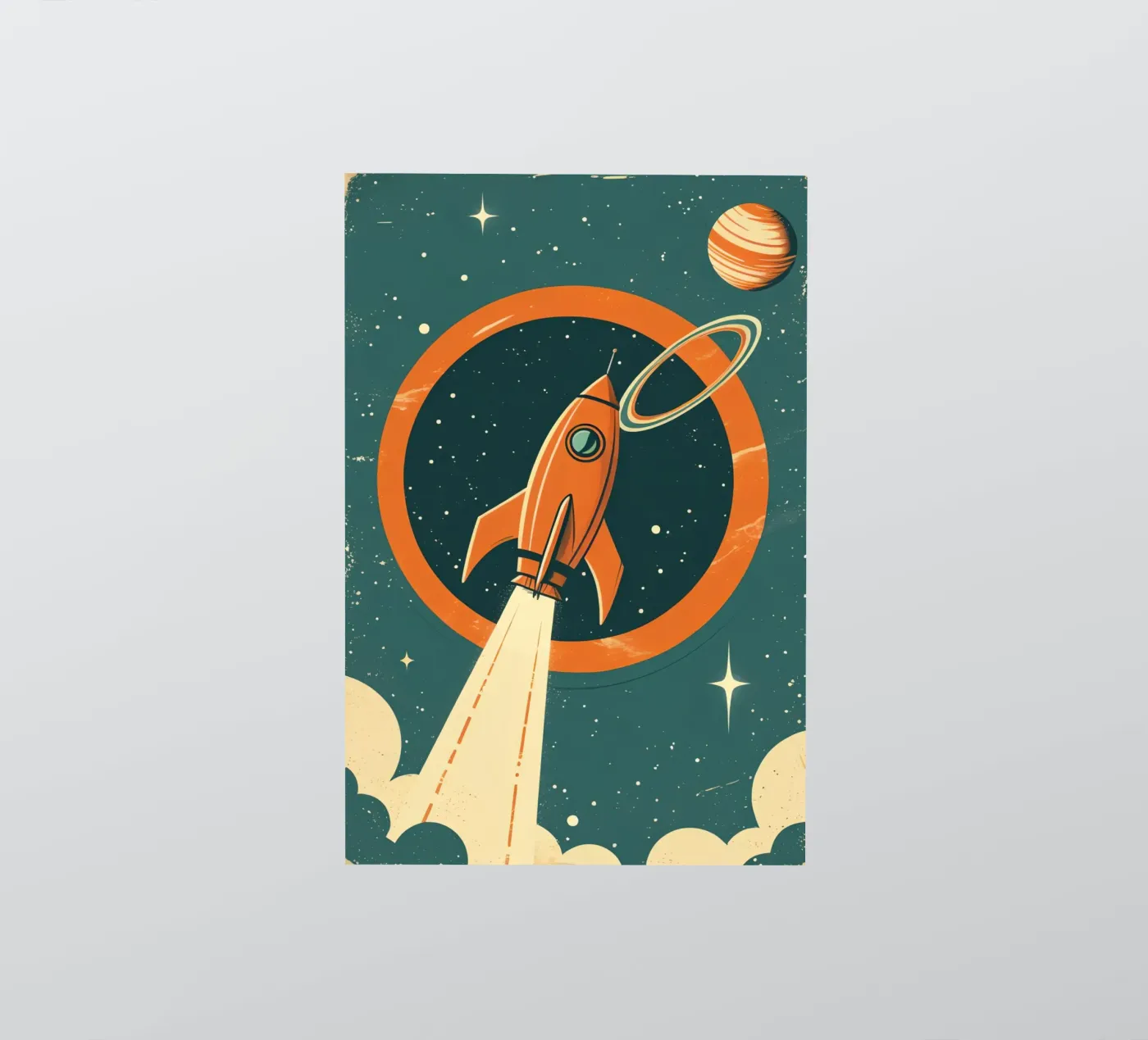 Retro raketlancering via hemelse ring sticker van DesignDoodle