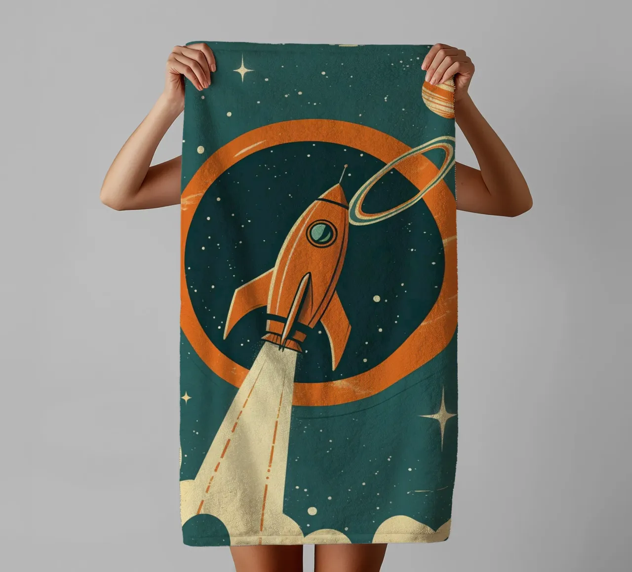 Retro Rocket Launch Through Celestial Ring towel by DesignDoodle