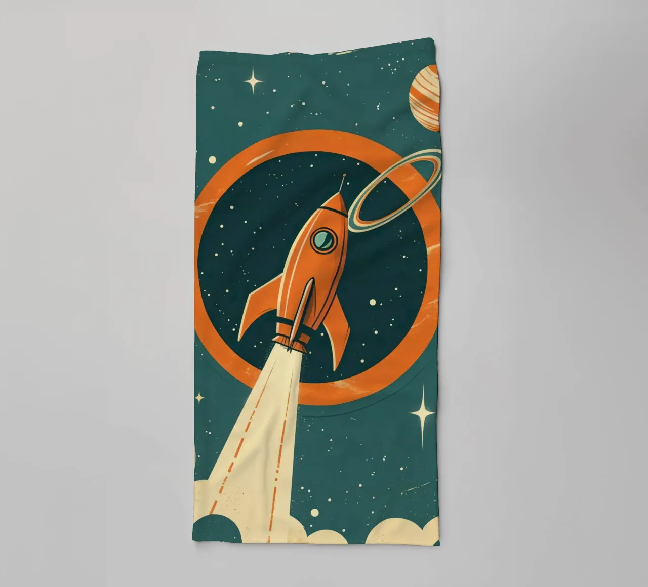 Retro Rocket Launch Through Celestial Ring towel by DesignDoodle