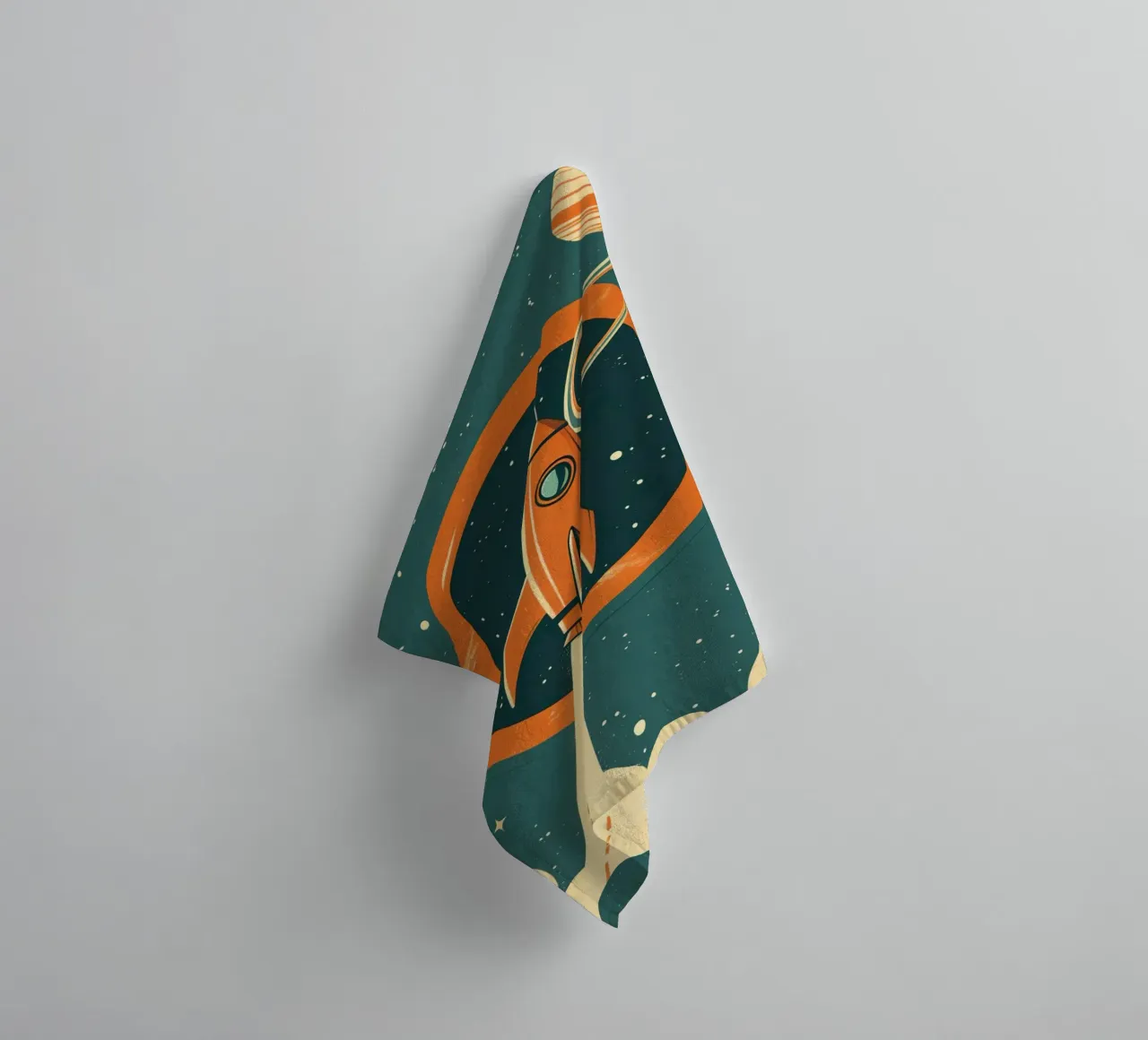 Retro Rocket Launch Through Celestial Ring towel by DesignDoodle