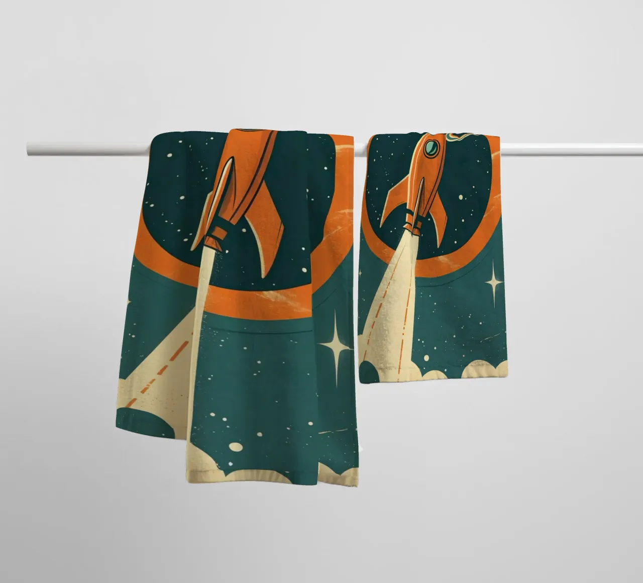 Retro Rocket Launch Through Celestial Ring towel by DesignDoodle