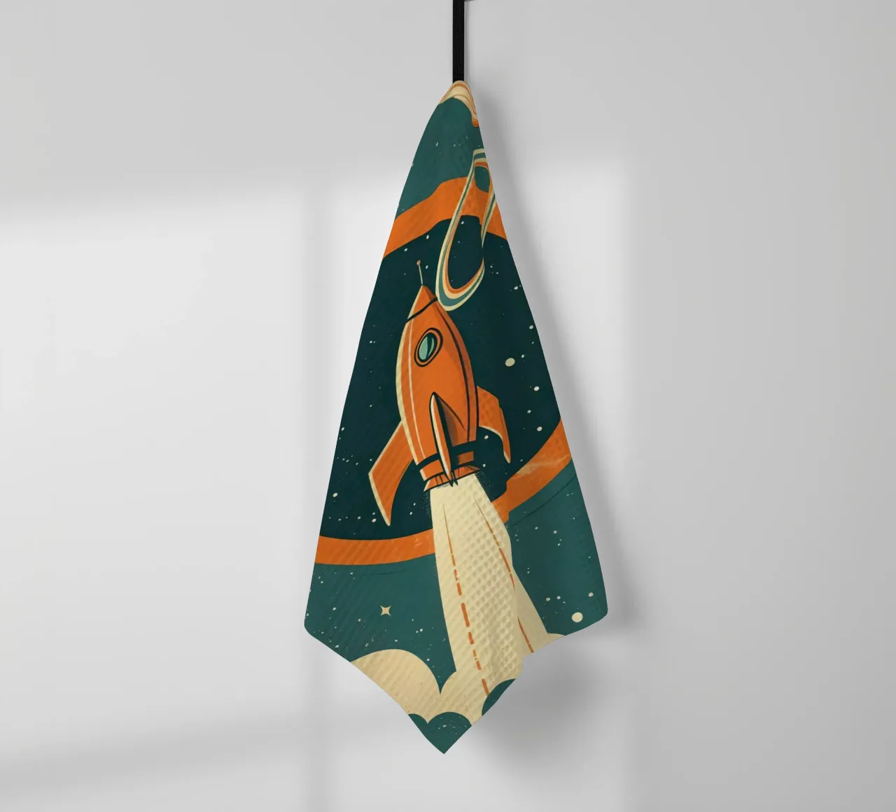 Lancement d'une fusée rétro à travers l'anneau céleste torchon de DesignDoodle