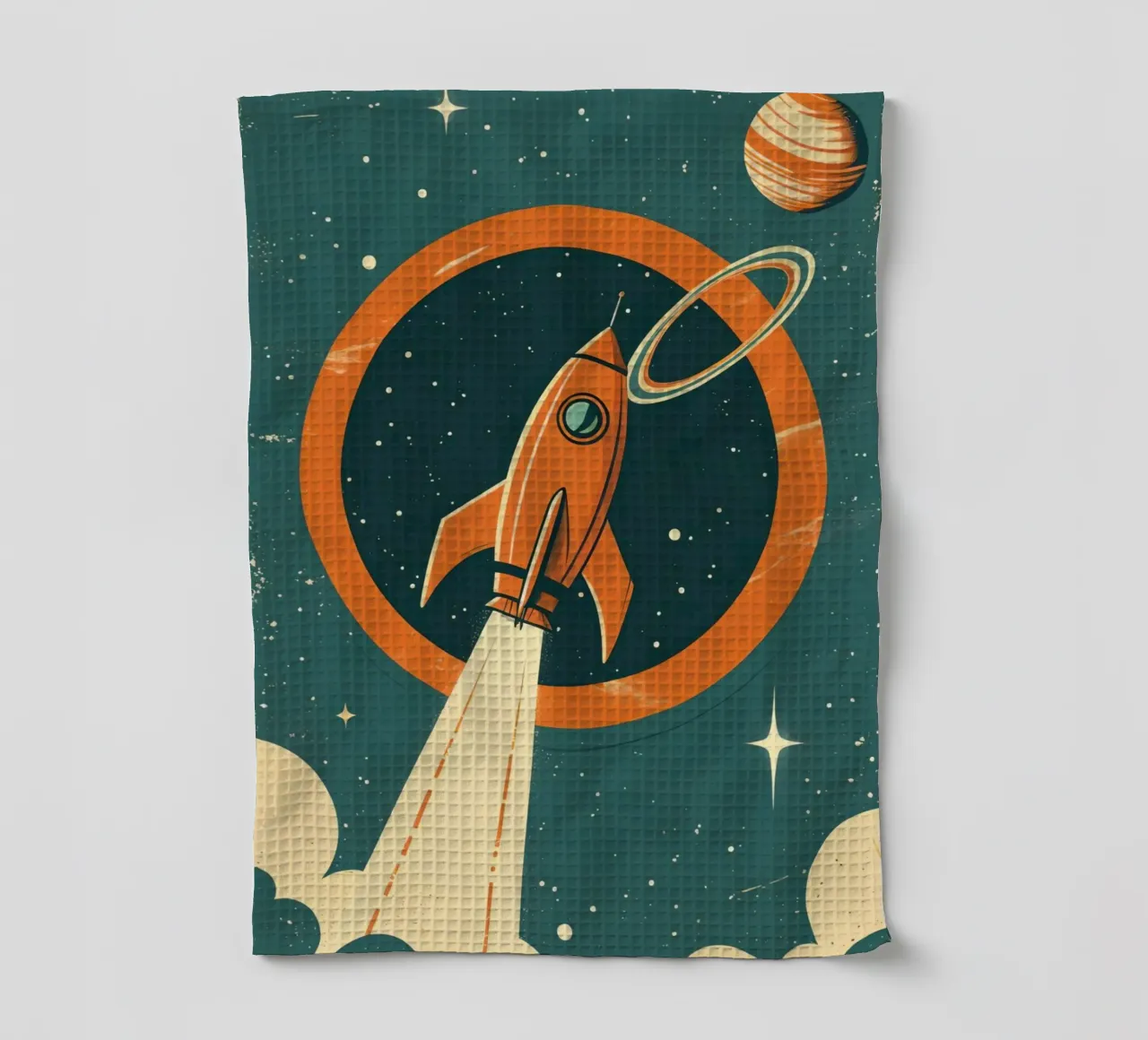 Lancement d'une fusée rétro à travers l'anneau céleste torchon de DesignDoodle