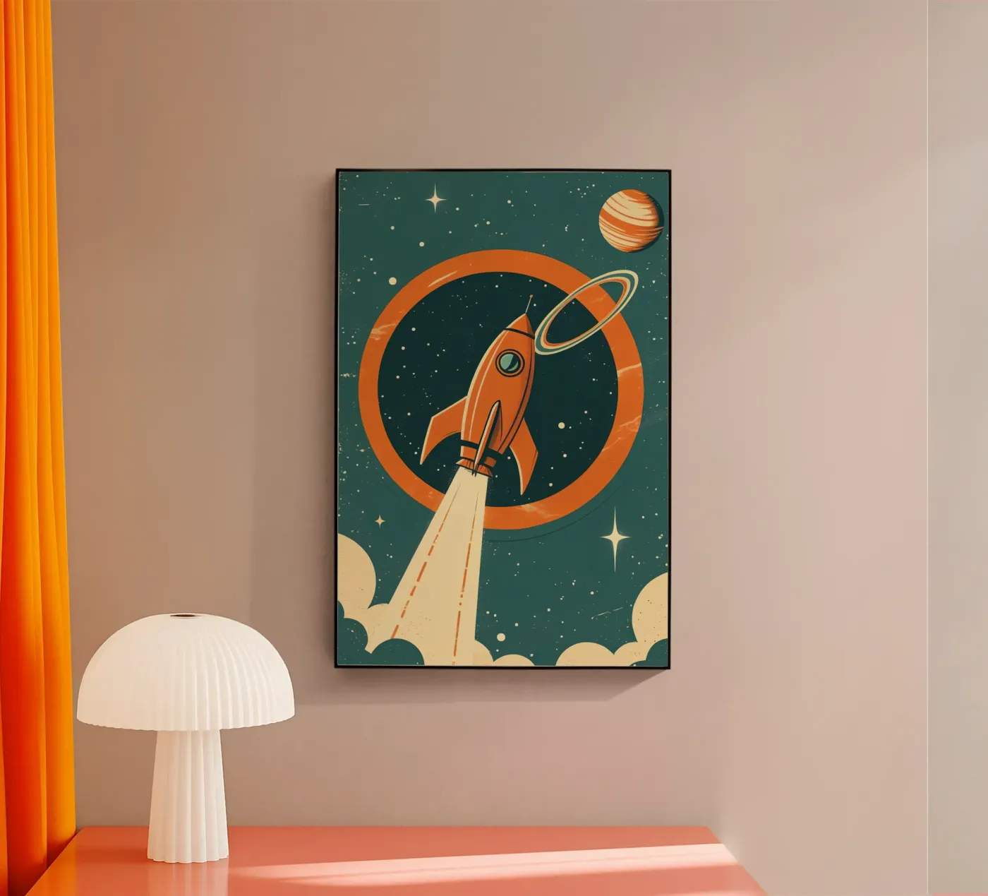 Retro Rocket Launch Through Celestial Ring plexiglass da DesignDoodle