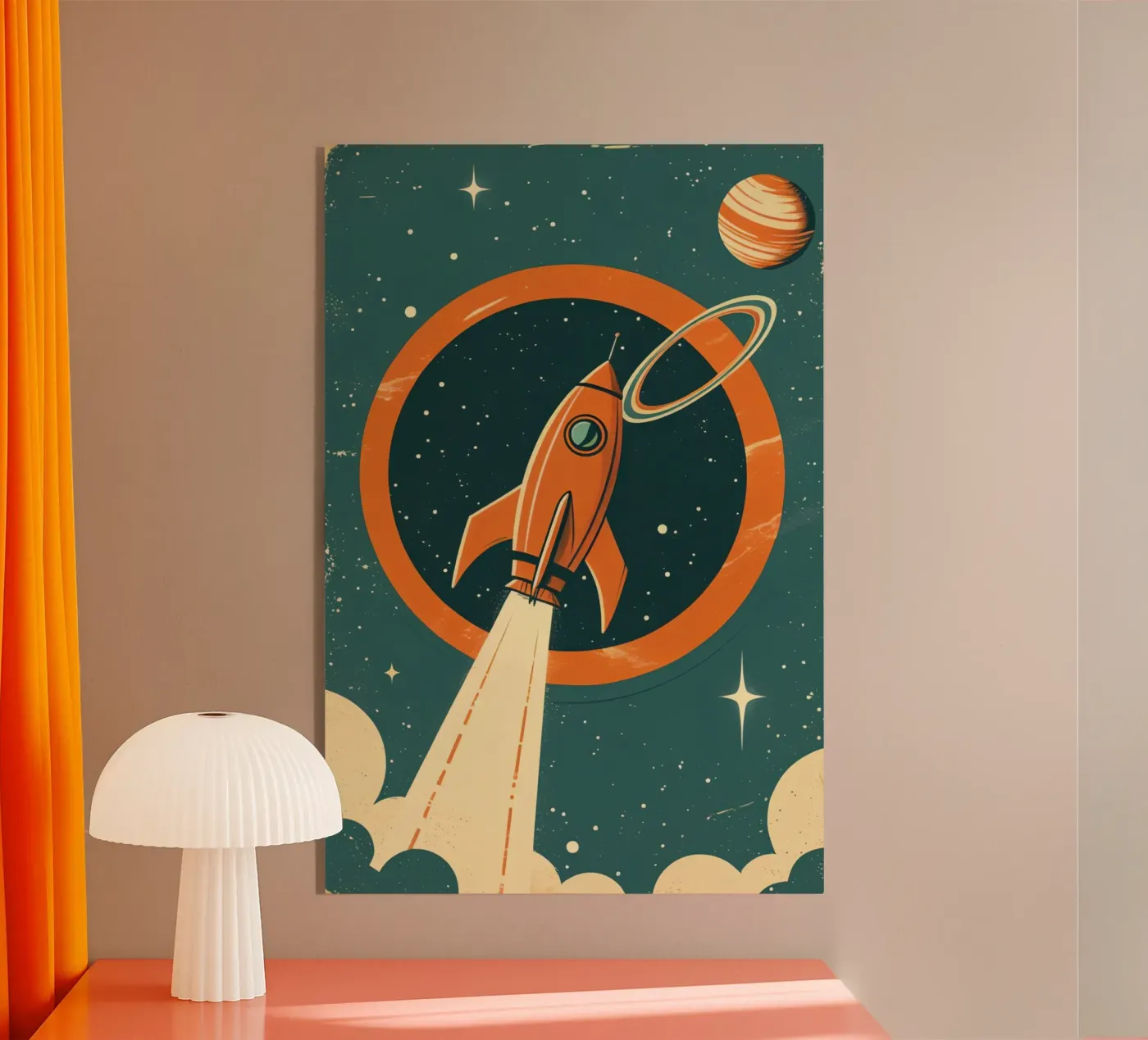 Retro-Raketenstart durch den himmlischen Ring Acryl-Glas von DesignDoodle