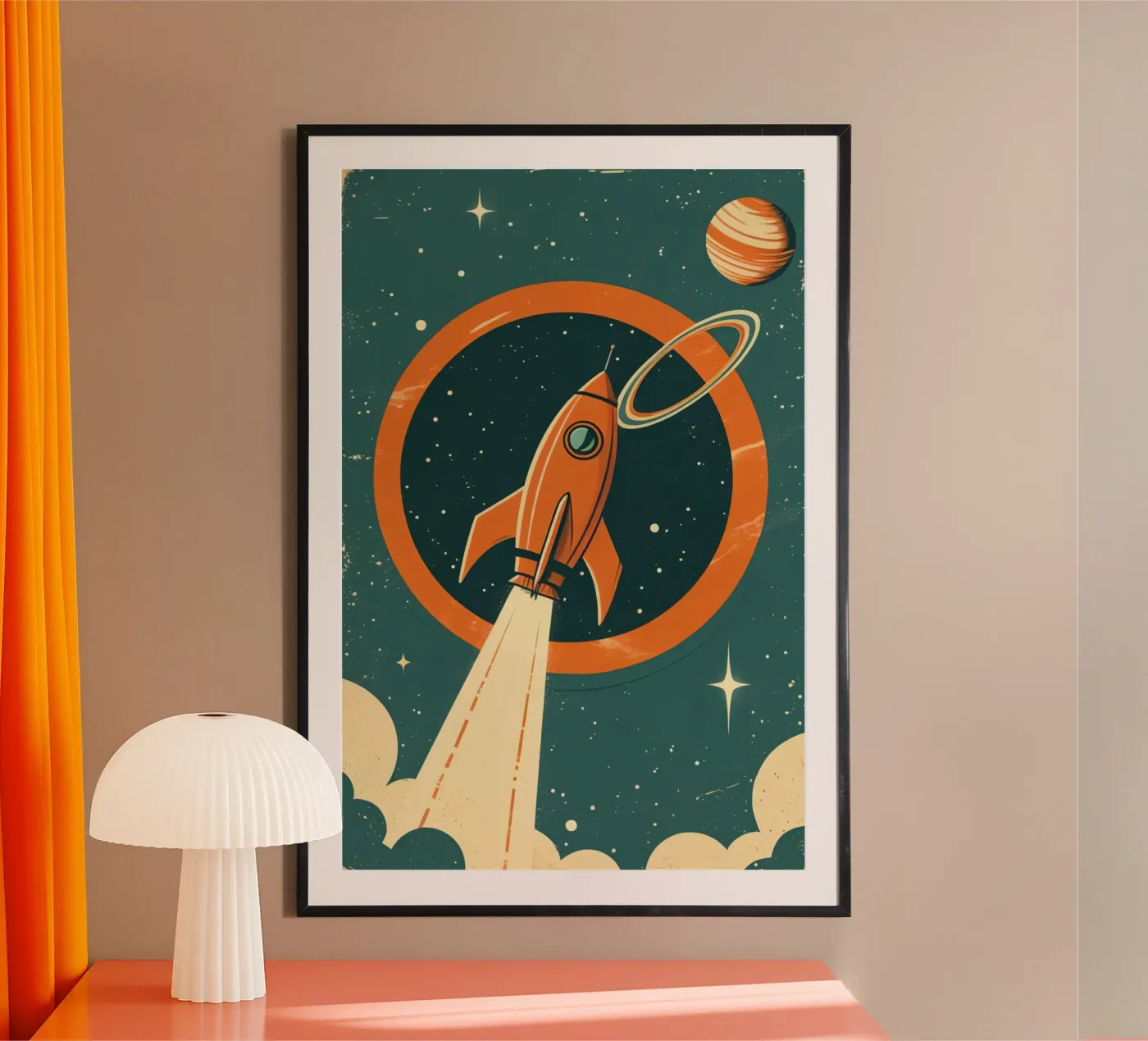 Retro Rocket Launch Through Celestial Ring poster da DesignDoodle