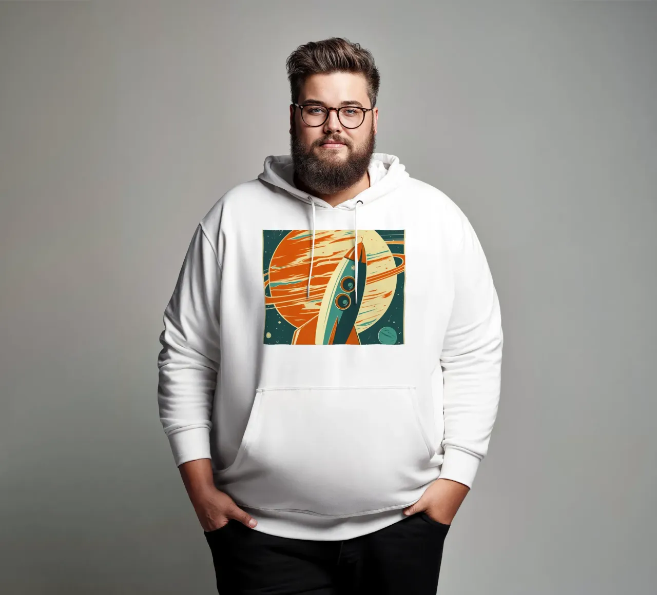 Lancio di un razzo retrò con Ringed Planet felpa con cappuccio da DesignDoodle
