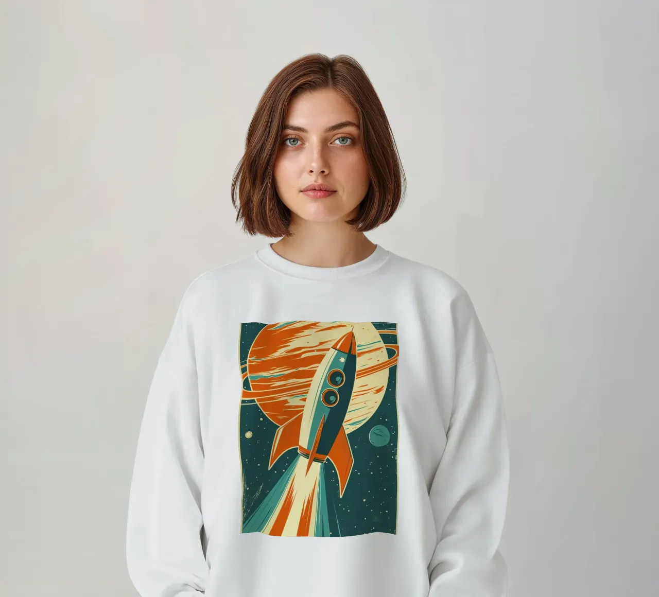 Retro-Raketenstart mit Ringed Planet Sweatshirt von DesignDoodle