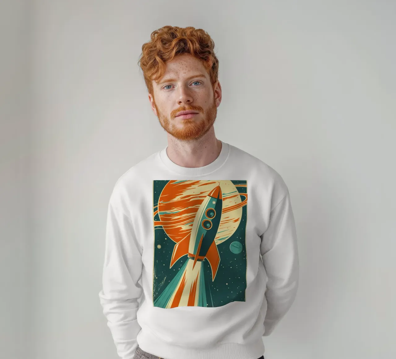 Retro-Raketenstart mit Ringed Planet Sweatshirt von DesignDoodle