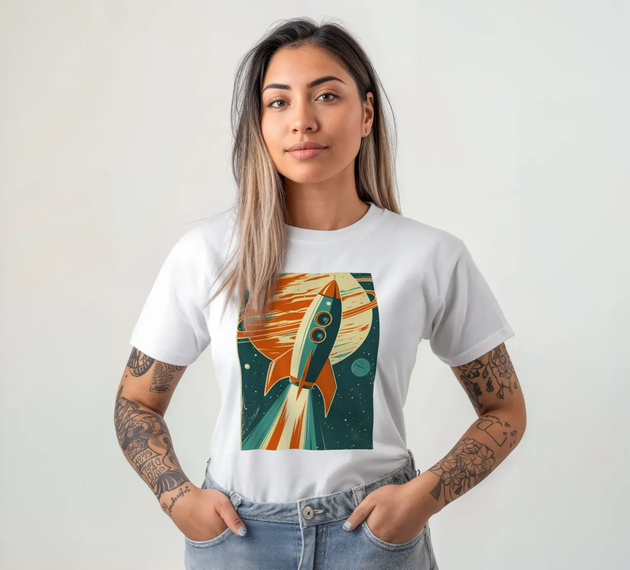 Lancio di un razzo retrò con Ringed Planet t-shirt da DesignDoodle