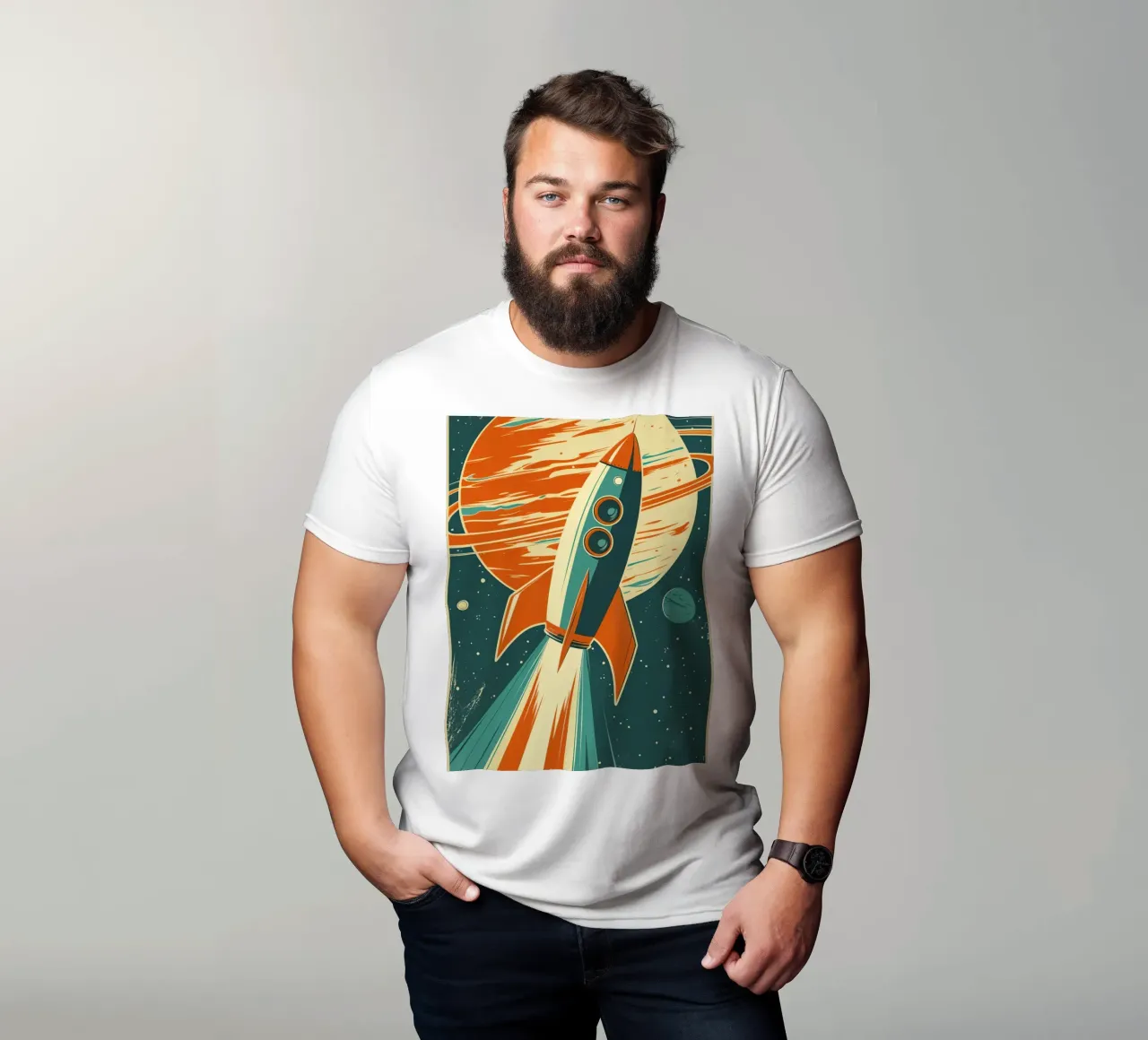 Lancio di un razzo retrò con Ringed Planet t-shirt da DesignDoodle