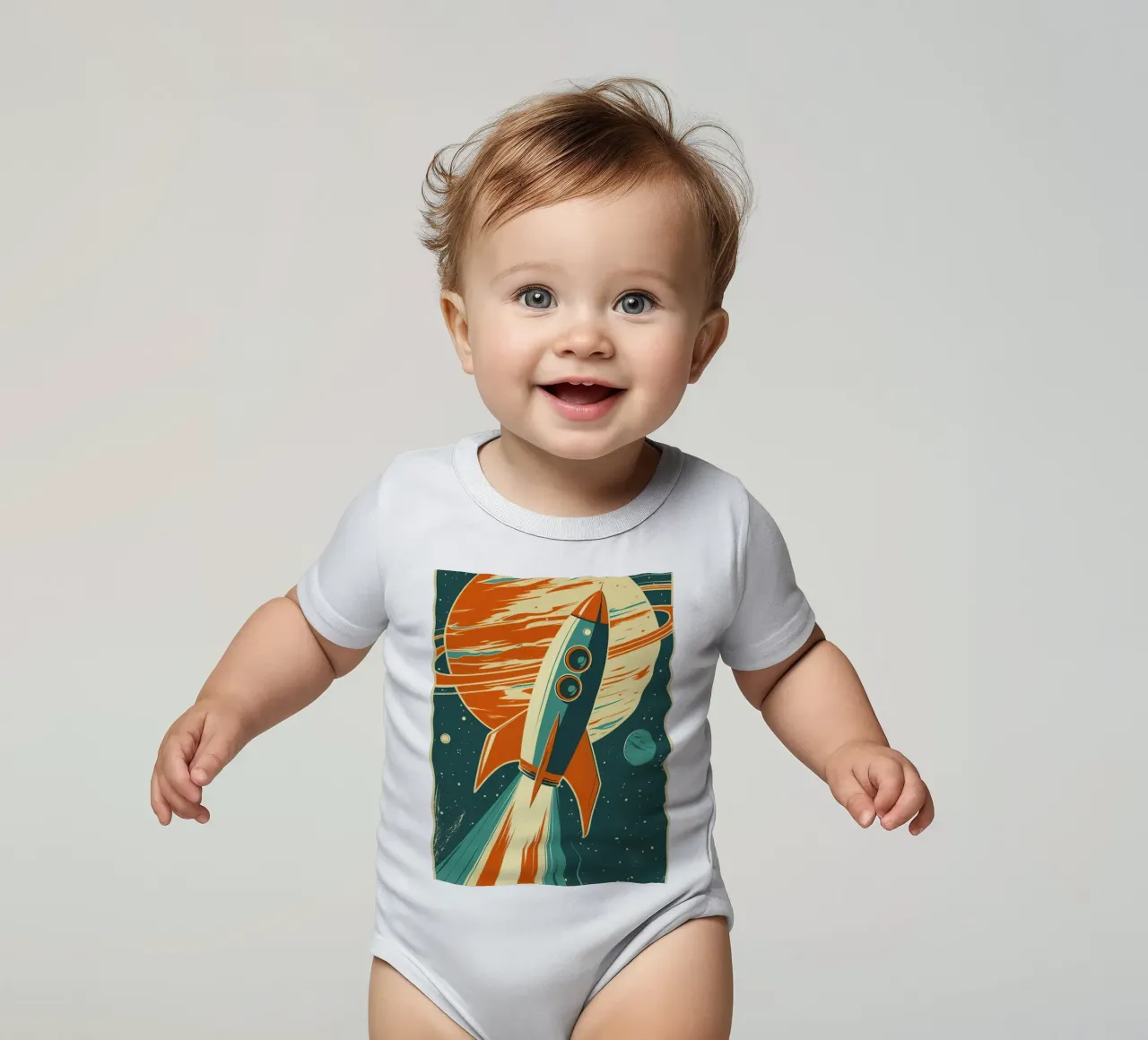 Lancio di un razzo retrò con Ringed Planet body neonato maniche corte da DesignDoodle