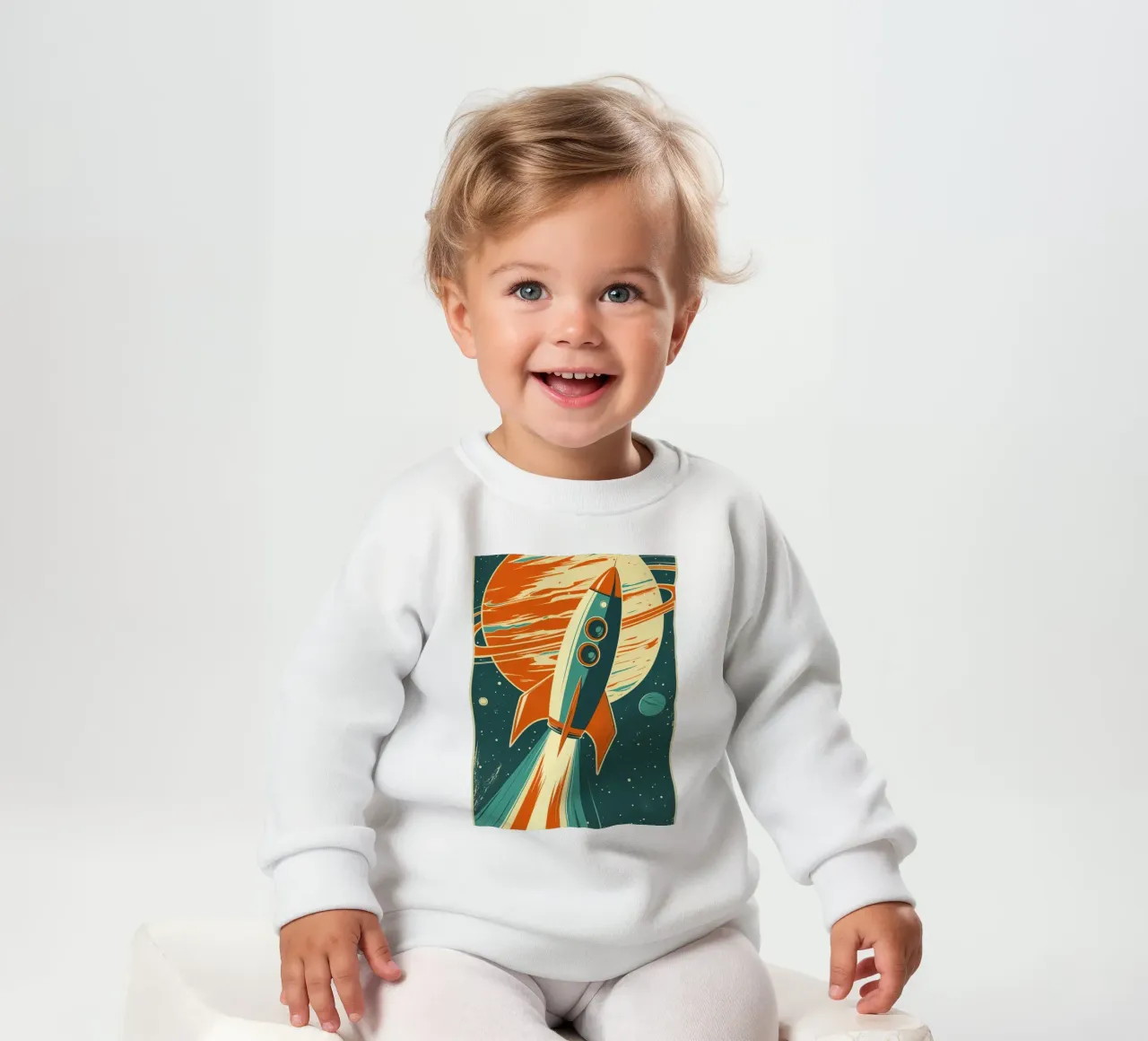 Retro raketlancering met Ringed Planet baby sweatshirt van DesignDoodle