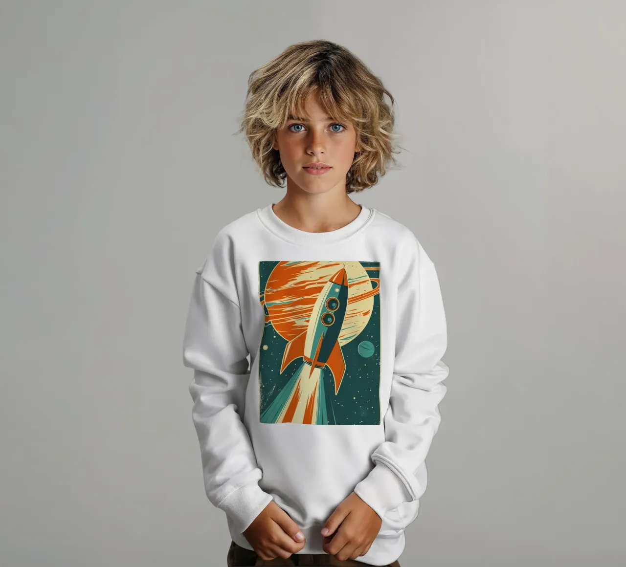 Lancio di un razzo retrò con Ringed Planet felpa bambino da DesignDoodle