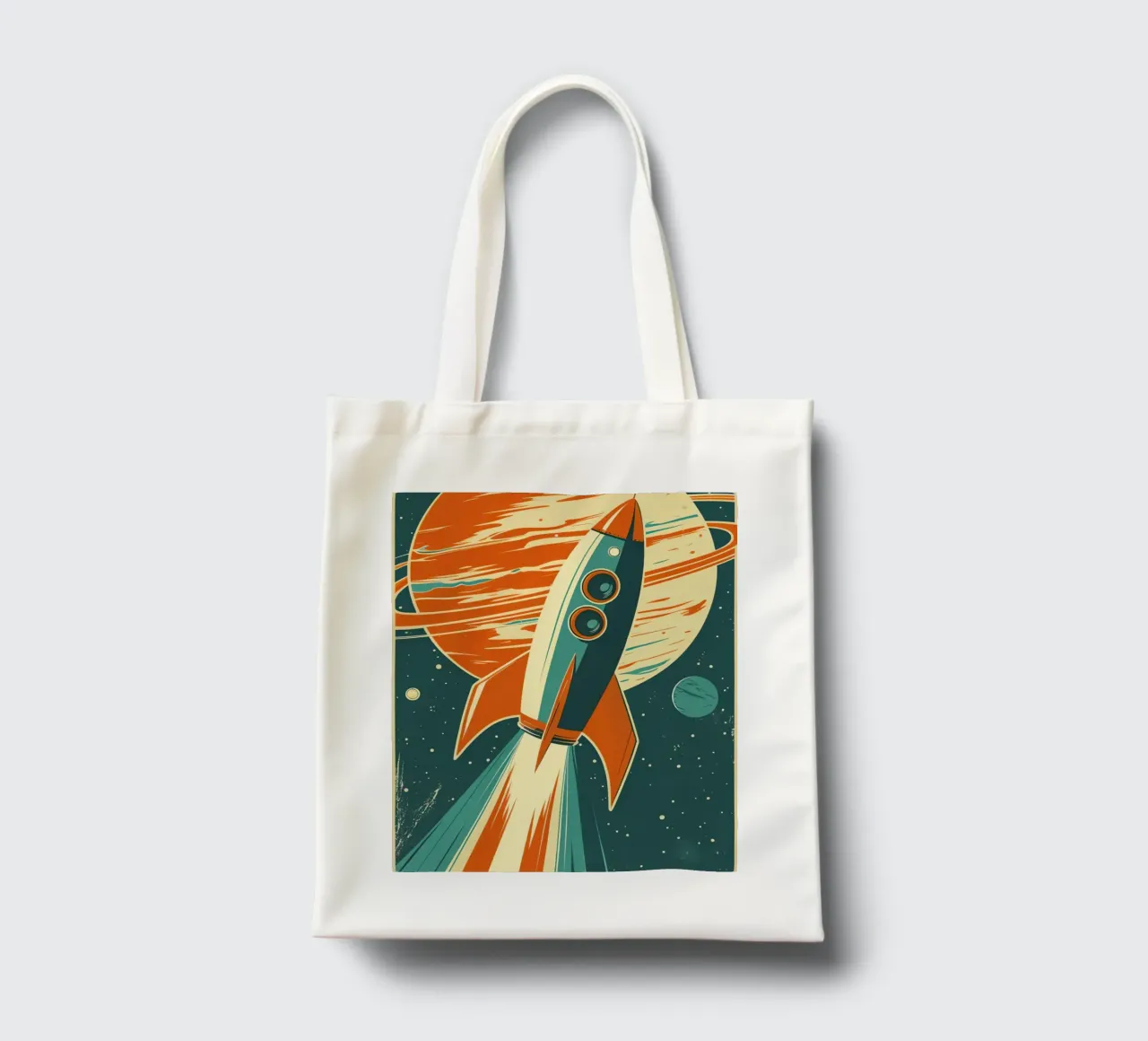 Lancio di un razzo retrò con Ringed Planet borsa in juta da DesignDoodle