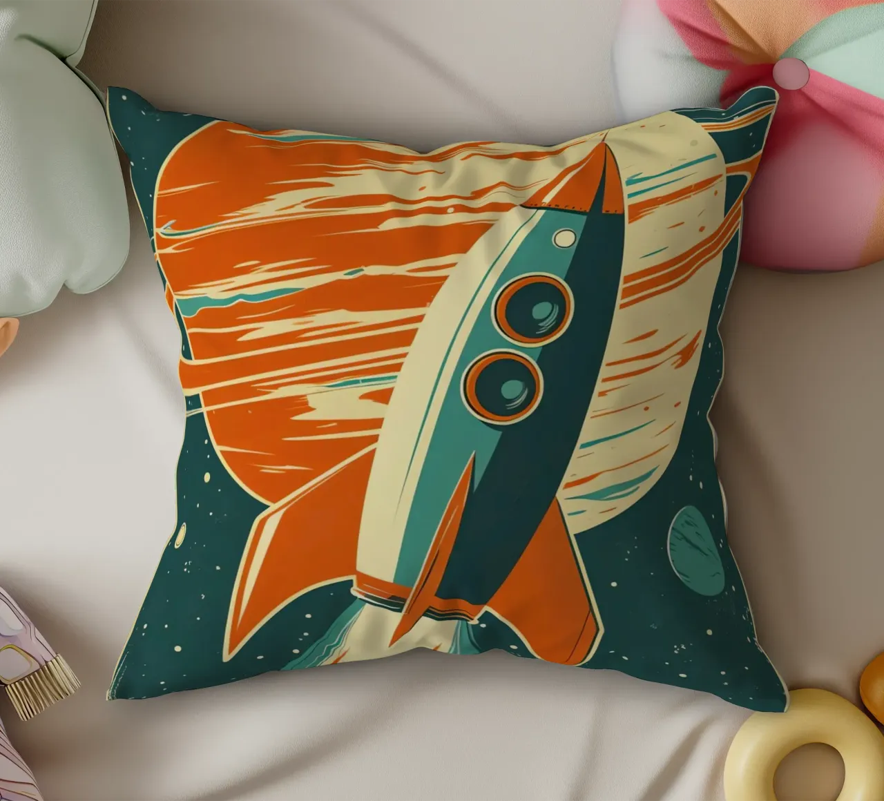 Lancio di un razzo retrò con Ringed Planet cuscino da DesignDoodle