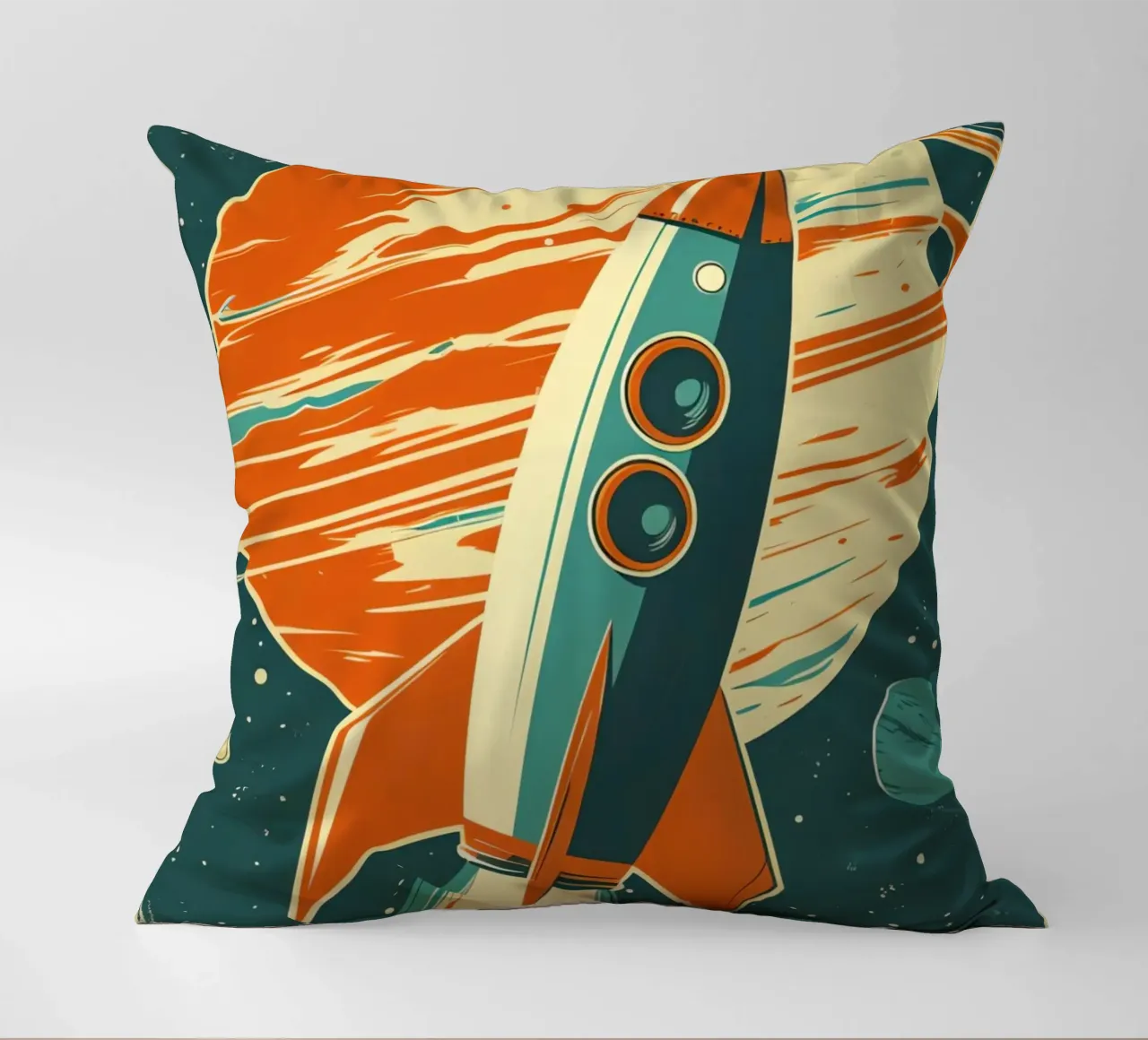 Lancio di un razzo retrò con Ringed Planet cuscino da DesignDoodle