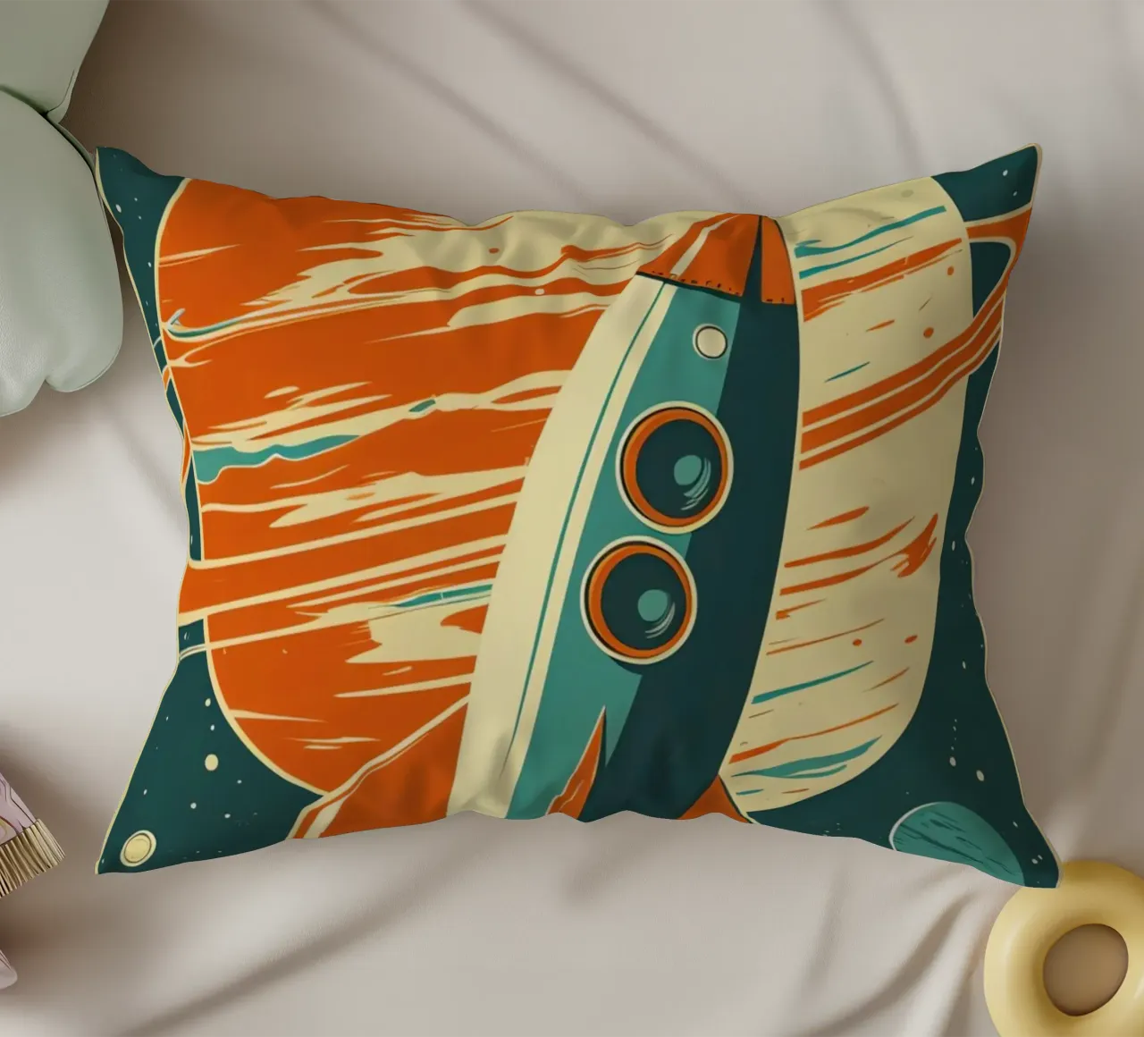 Lancio di un razzo retrò con Ringed Planet cuscino da DesignDoodle