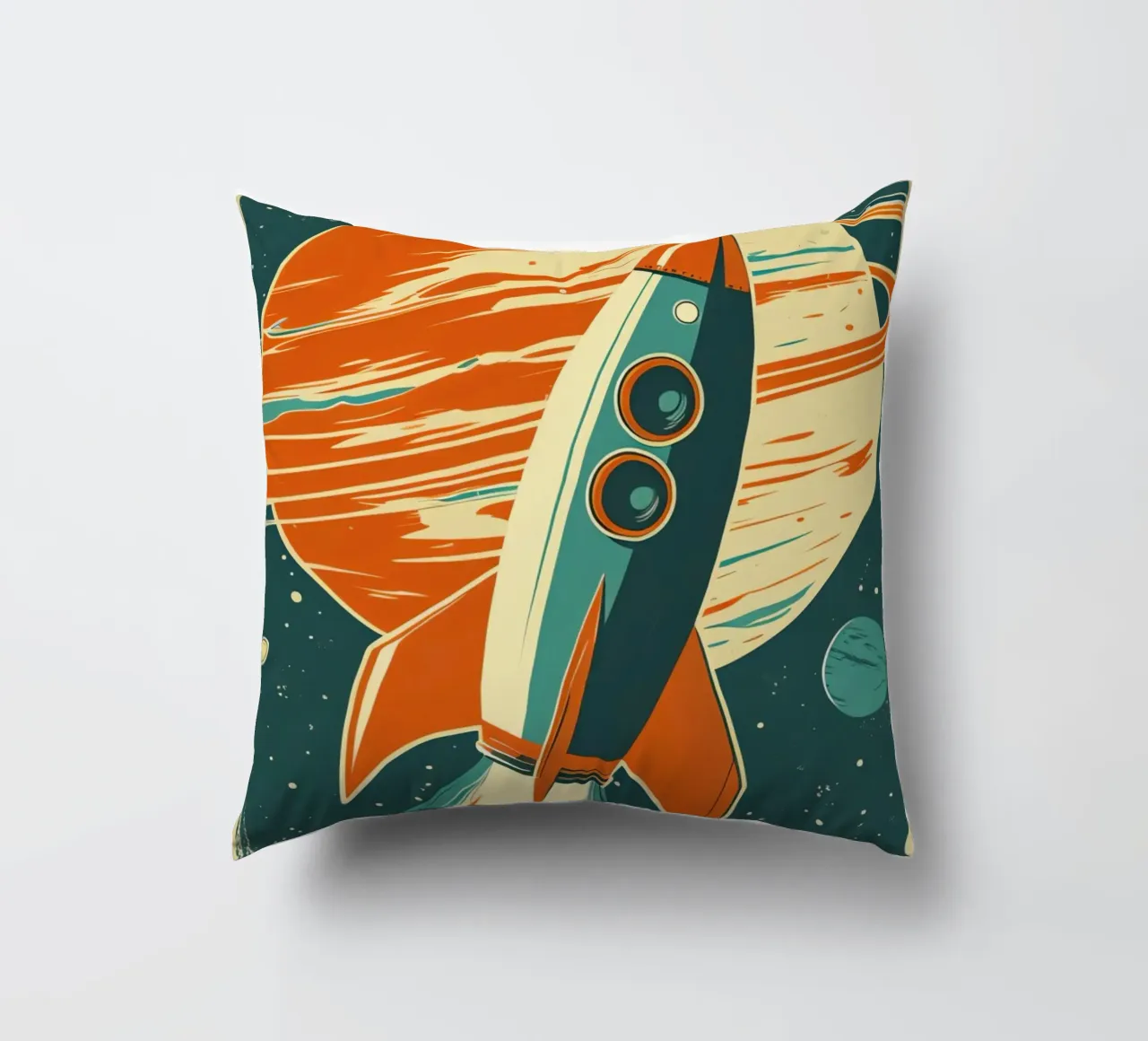 Lancio di un razzo retrò con Ringed Planet cuscino da DesignDoodle