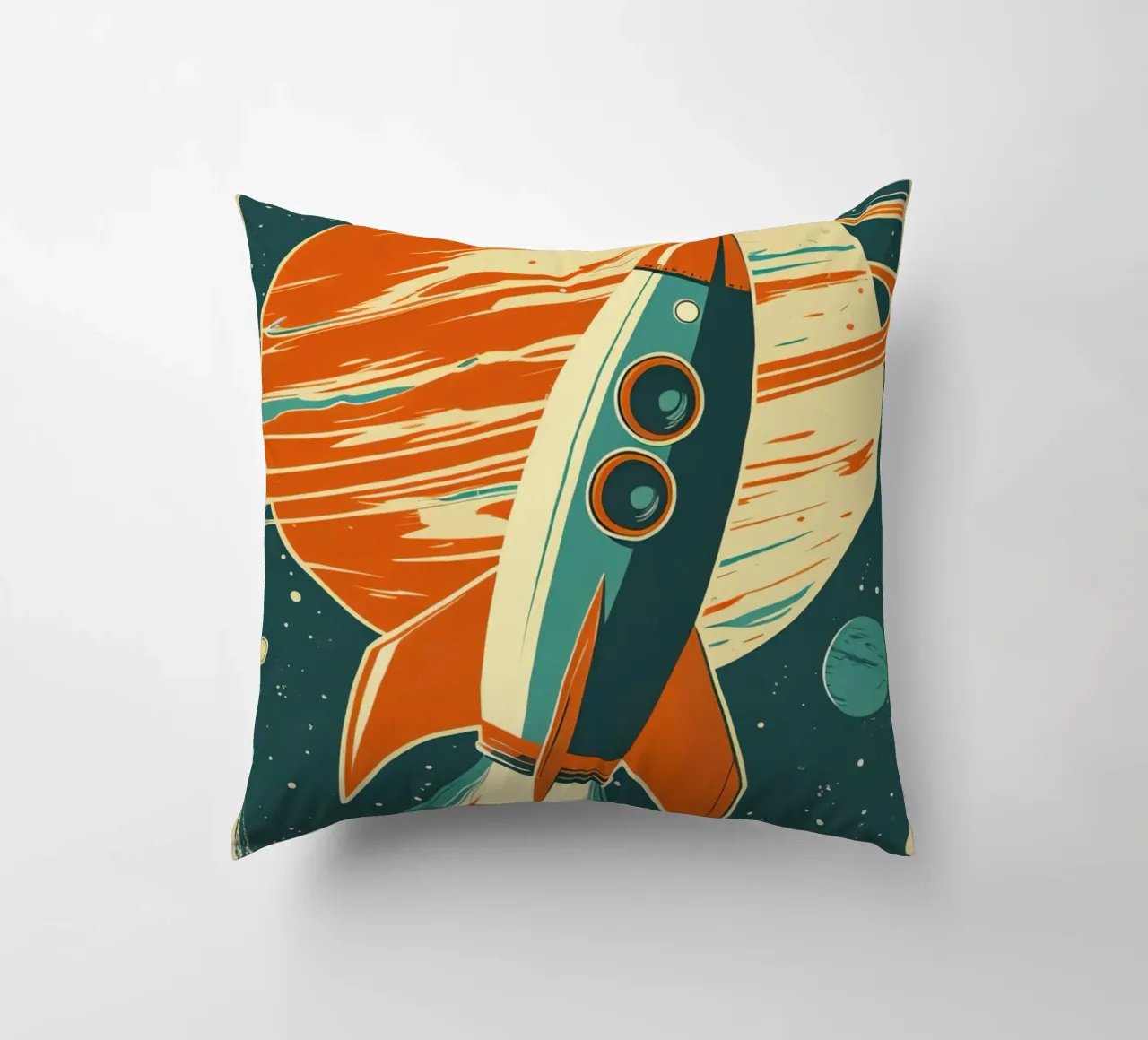 Lancio di un razzo retrò con Ringed Planet cuscino da DesignDoodle