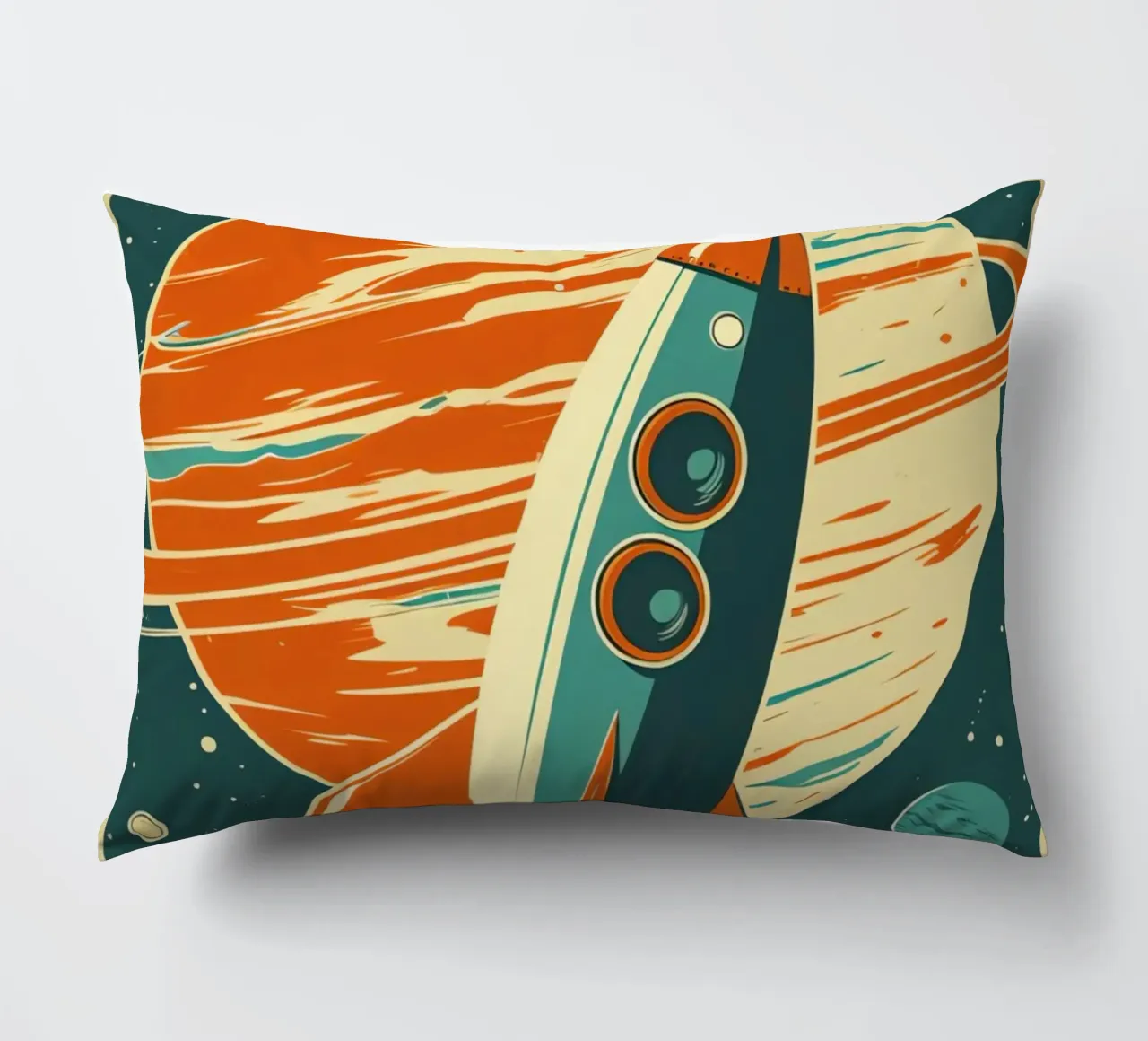 Lancio di un razzo retrò con Ringed Planet cuscino da DesignDoodle