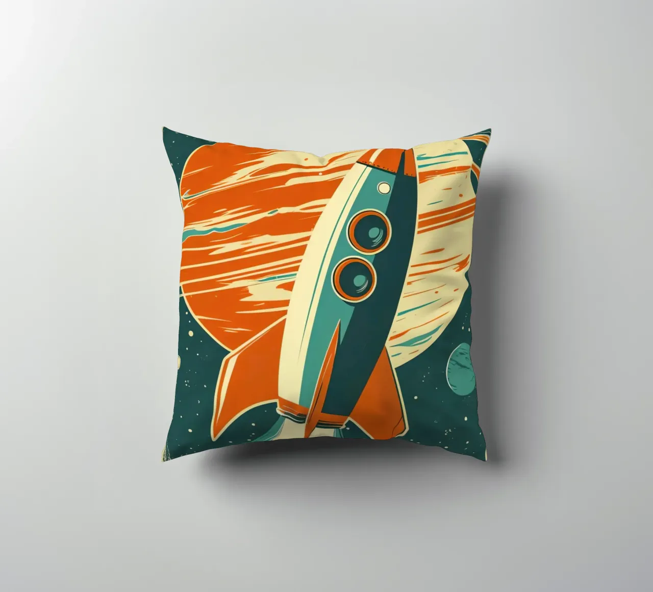 Lancio di un razzo retrò con Ringed Planet cuscino da DesignDoodle