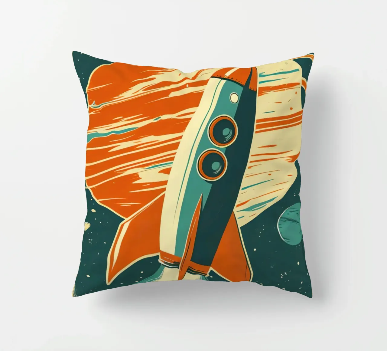 Lancio di un razzo retrò con Ringed Planet cuscino da DesignDoodle