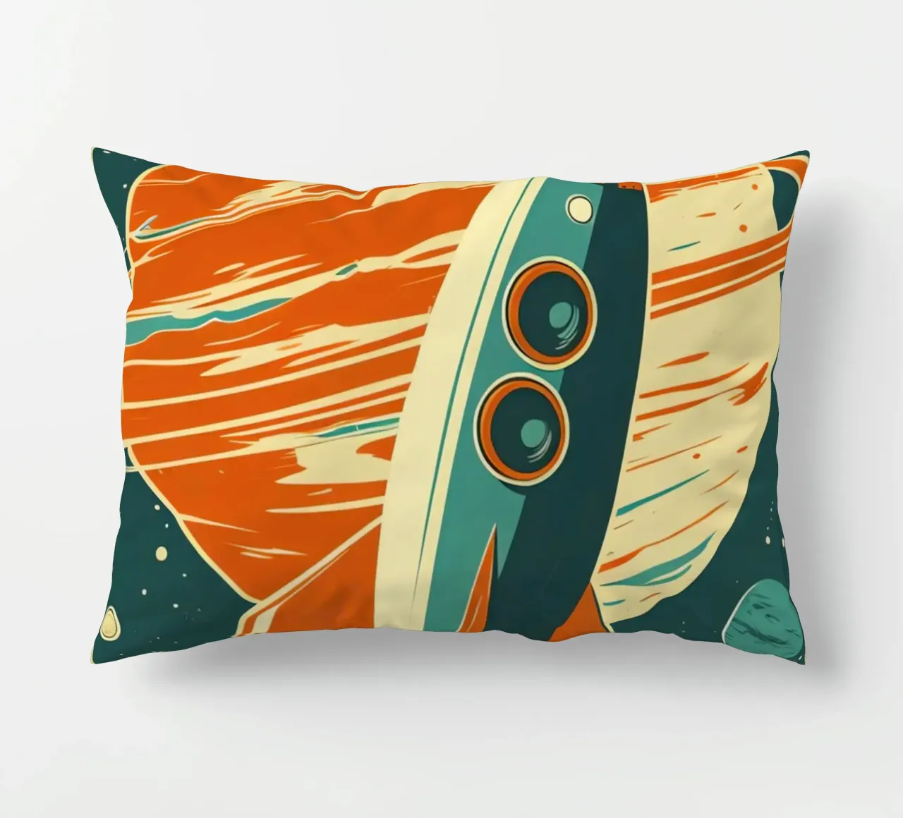 Lancio di un razzo retrò con Ringed Planet cuscino da DesignDoodle