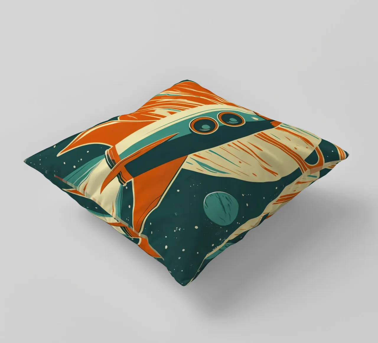 Lancio di un razzo retrò con Ringed Planet cuscino da DesignDoodle